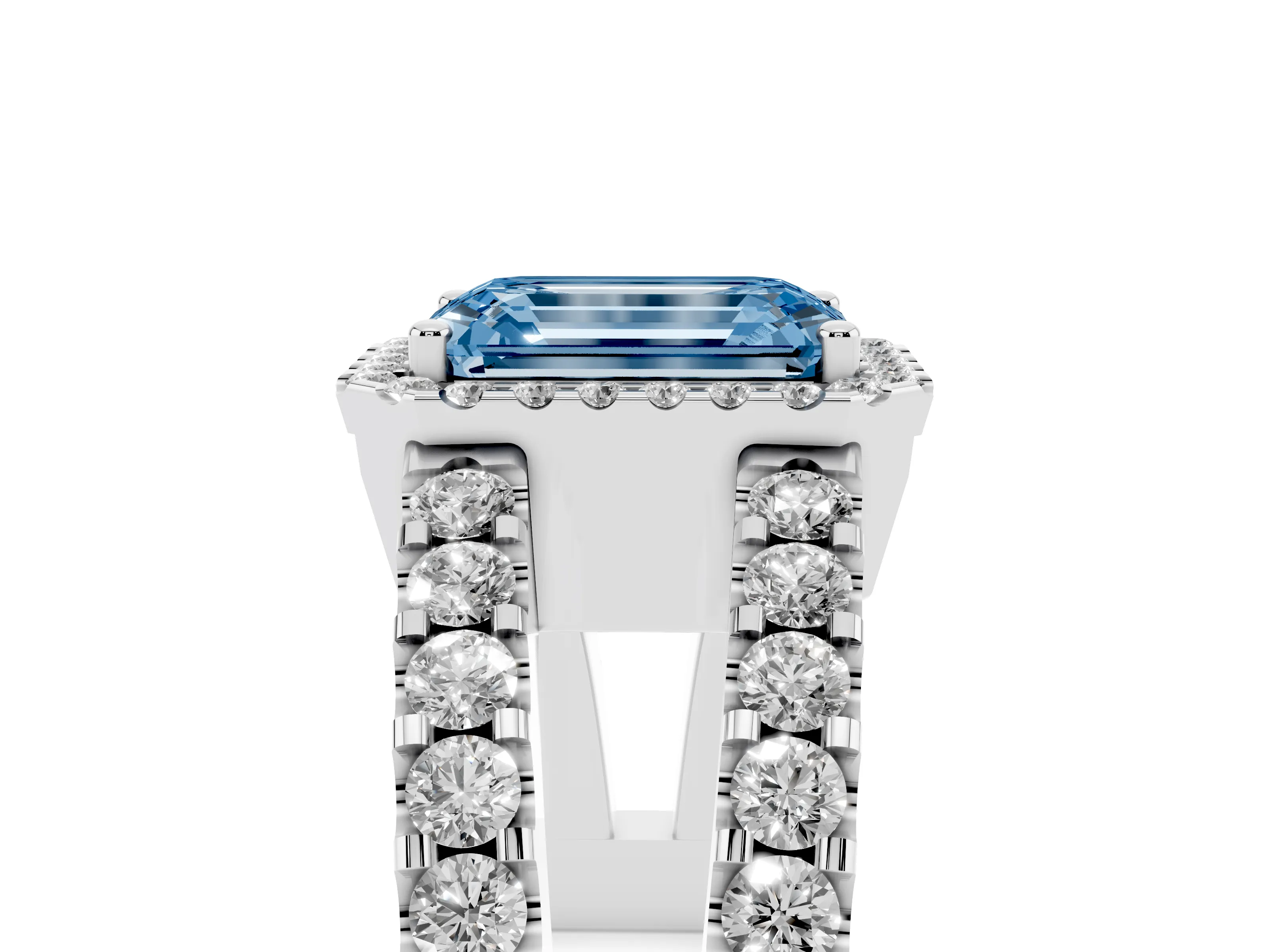 Fancy Blue Emerald Cut Diamond Halo Ring Set in White gold with Pavé Split Shank and Prong Setting