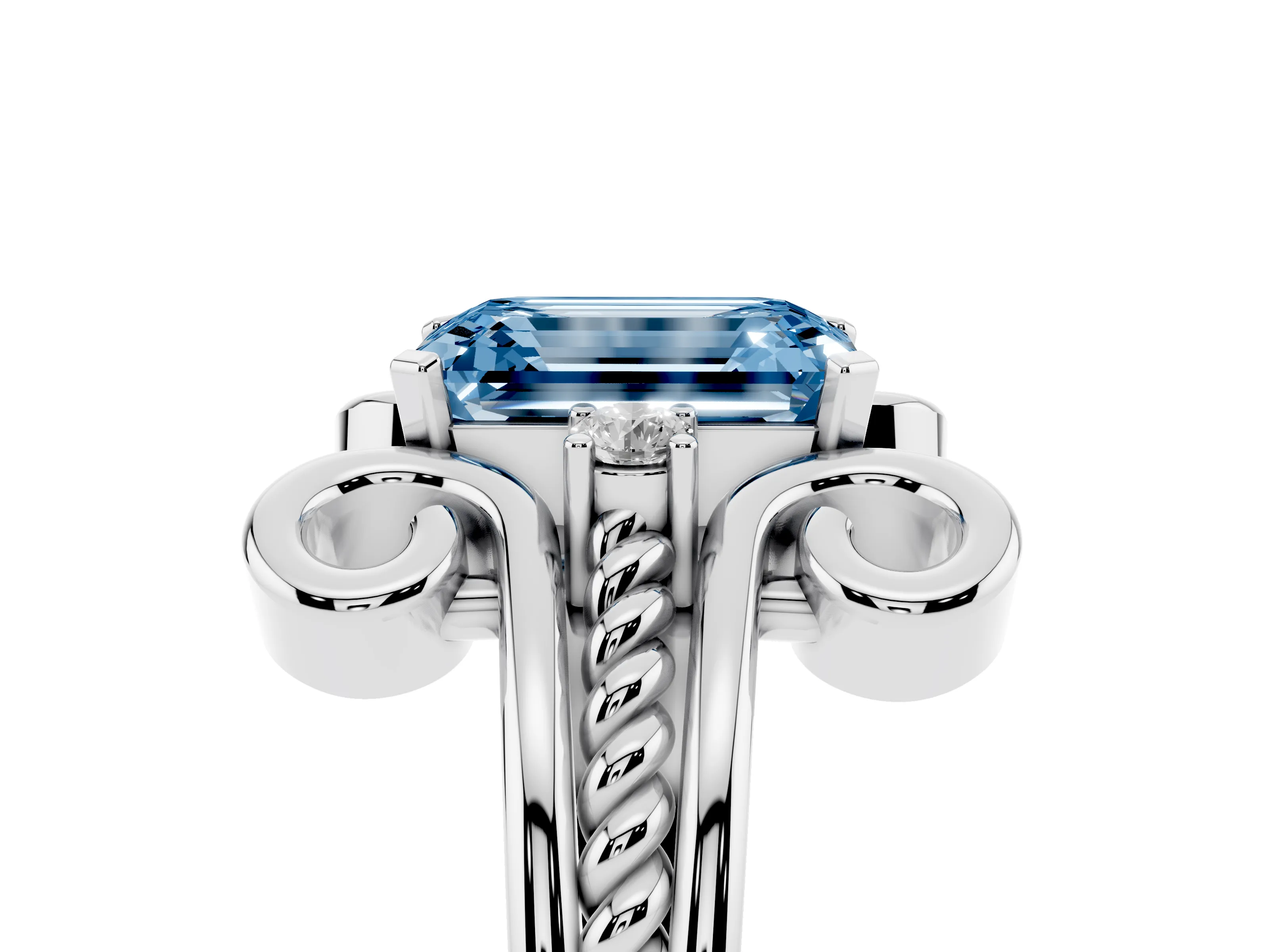 Fancy Blue Emerald Cut Diamond Twisted Band Solitaire Ring Set in Platinum with Scroll Prongs