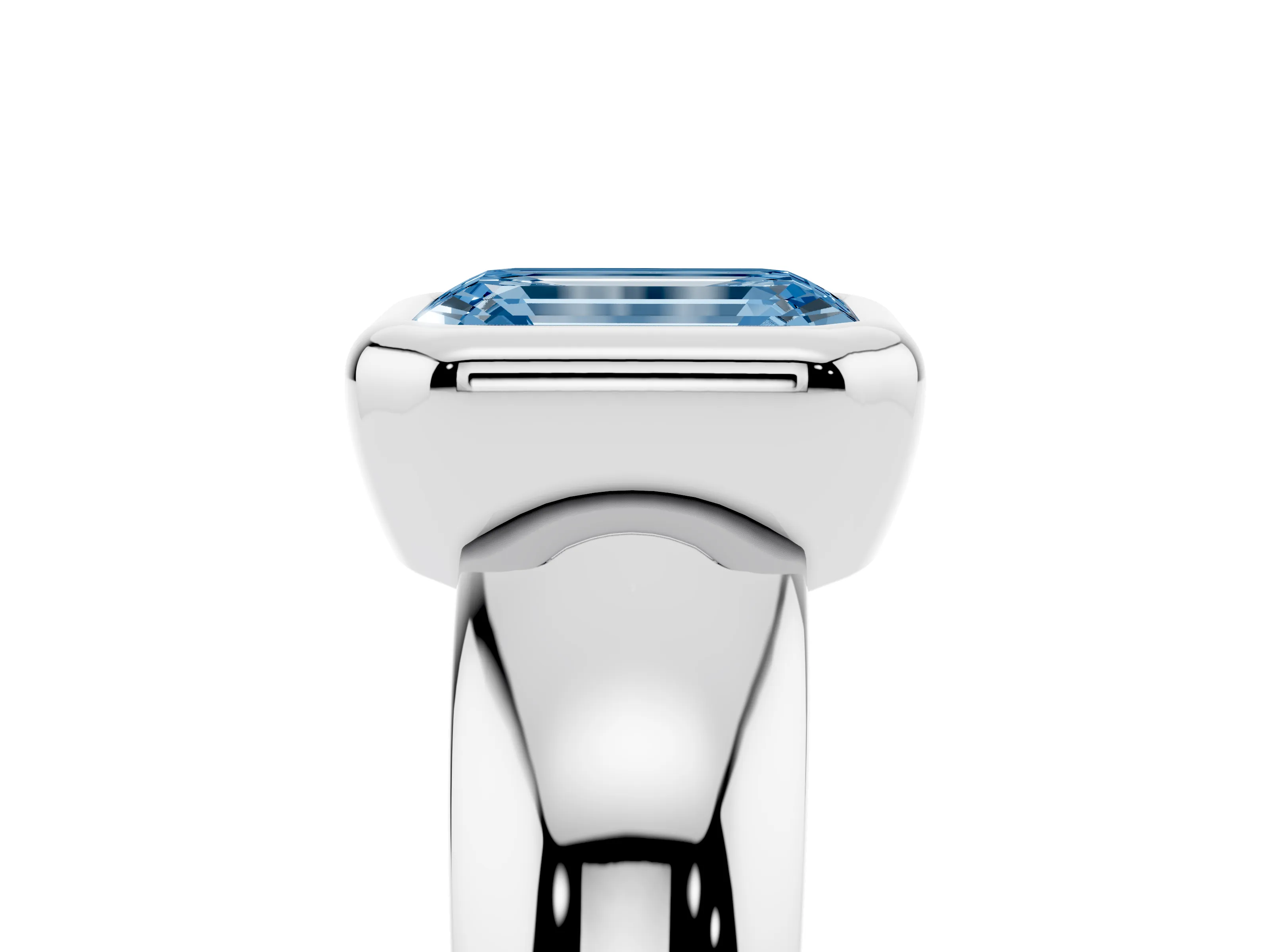Fancy Blue Bezel Set Emerald Cut Diamond Solitaire Ring Set in White gold with Wide Band