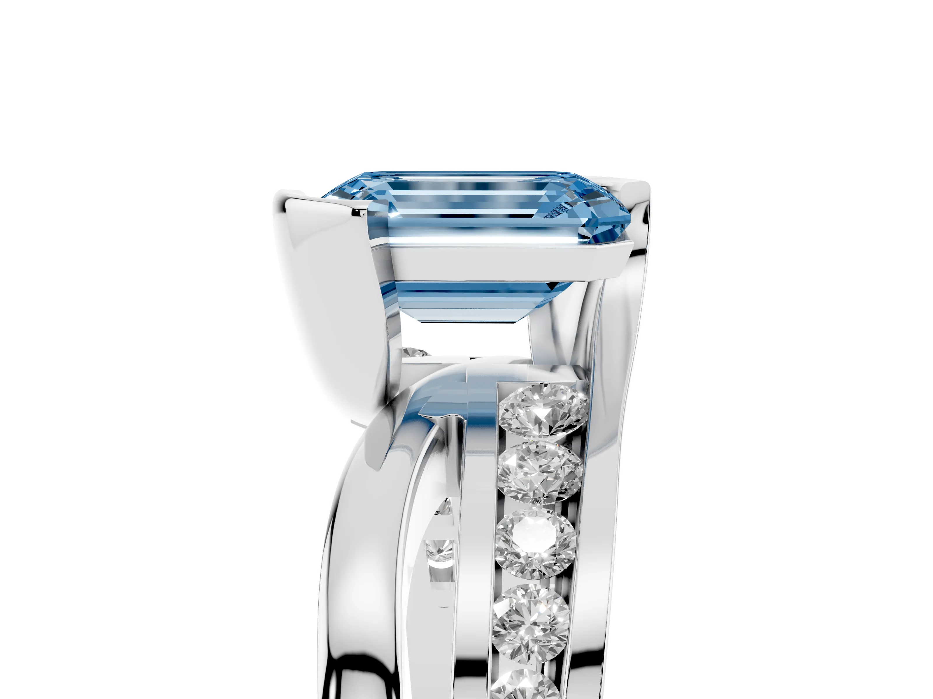 Fancy Blue Emerald Cut Diamond Solitaire Ring Set in White gold with Channel Set Split Shank and Tension Prongs