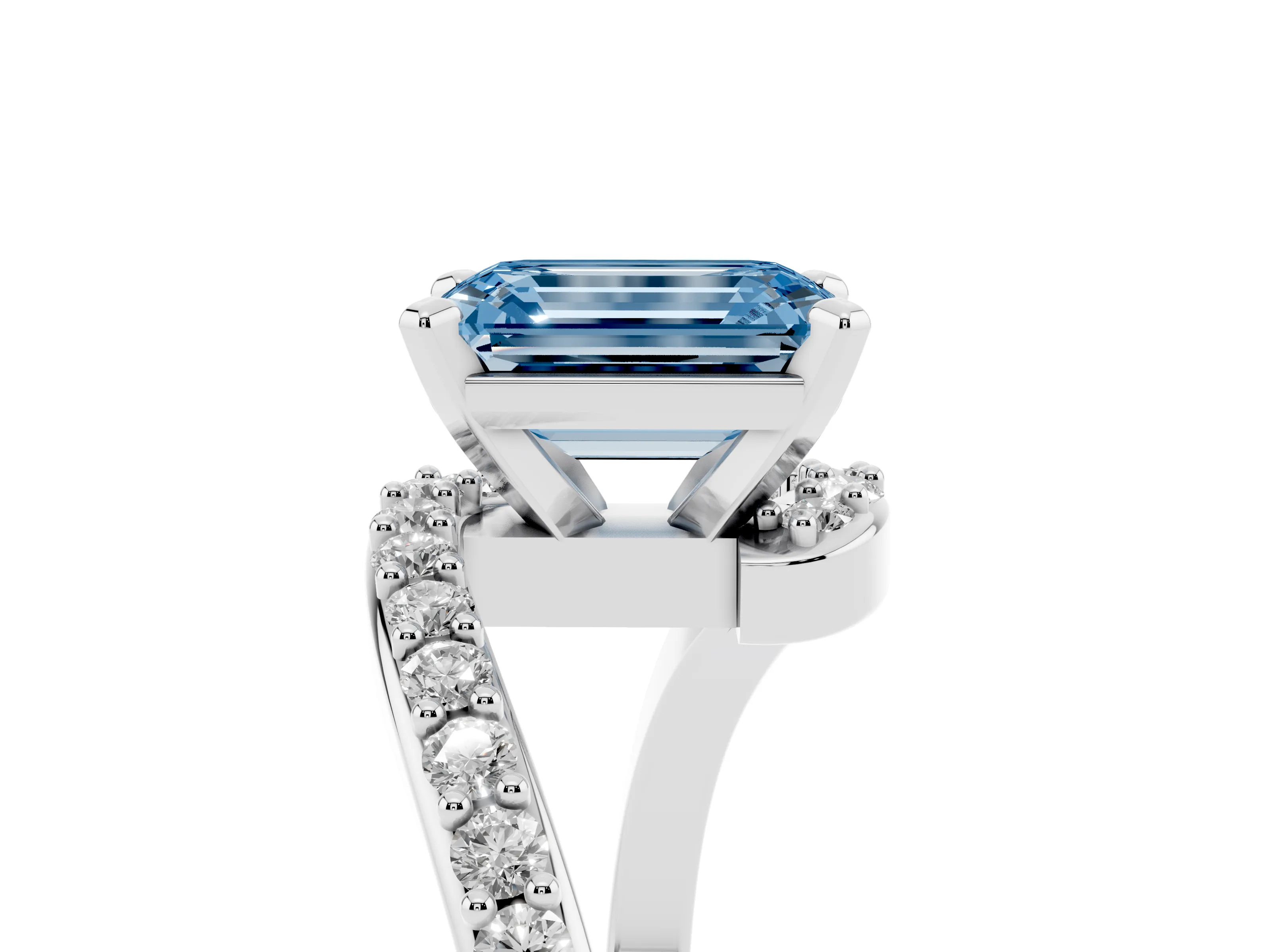 Fancy Blue Emerald Cut Diamond Solitaire Ring Set in Platinum with Pavé Twist Band and Prong Setting