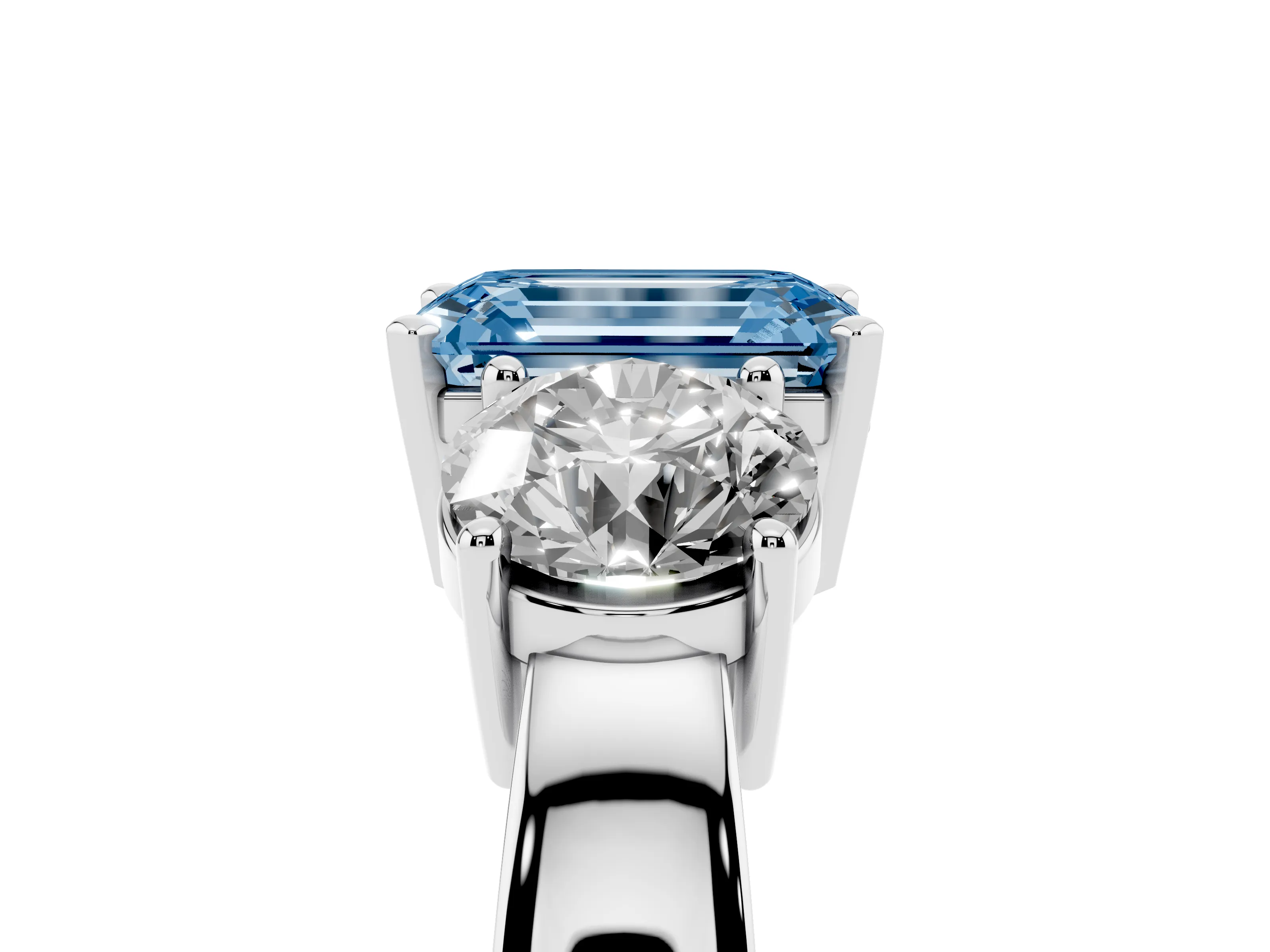 Fancy Blue Emerald Cut Diamond Three-Stone Ring Set in Platinum with Round Side Stones and Classic Band