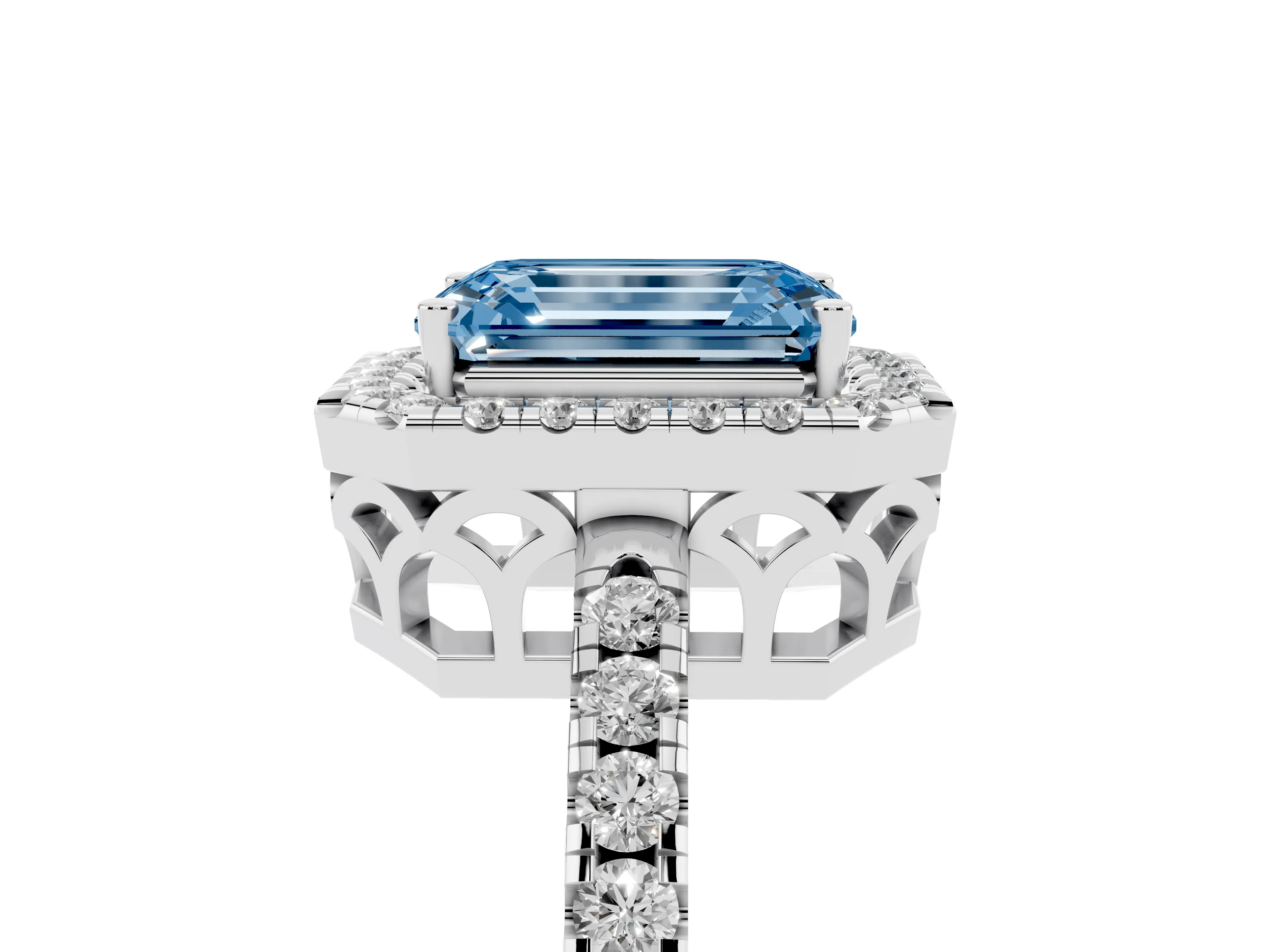 Fancy Blue Emerald Cut Diamond Pavé Band Halo Engagement Ring Set in White gold with Prong Setting