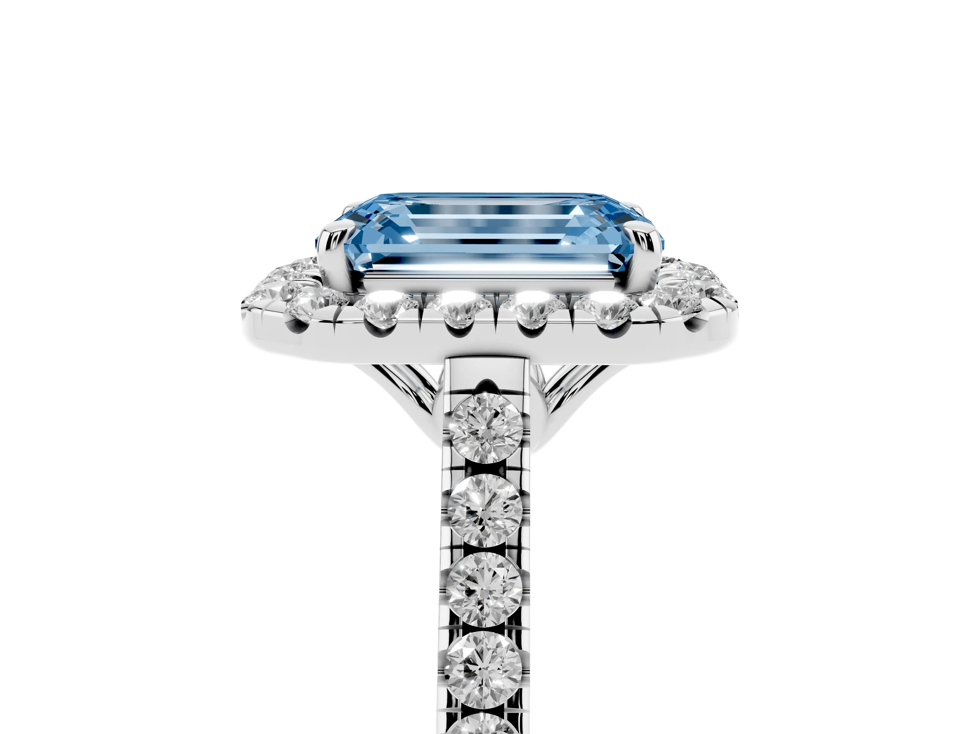 Fancy Blue Emerald Cut Diamond Pavé Halo Engagement Ring Set in White gold with Pavé Band and Prong Setting
