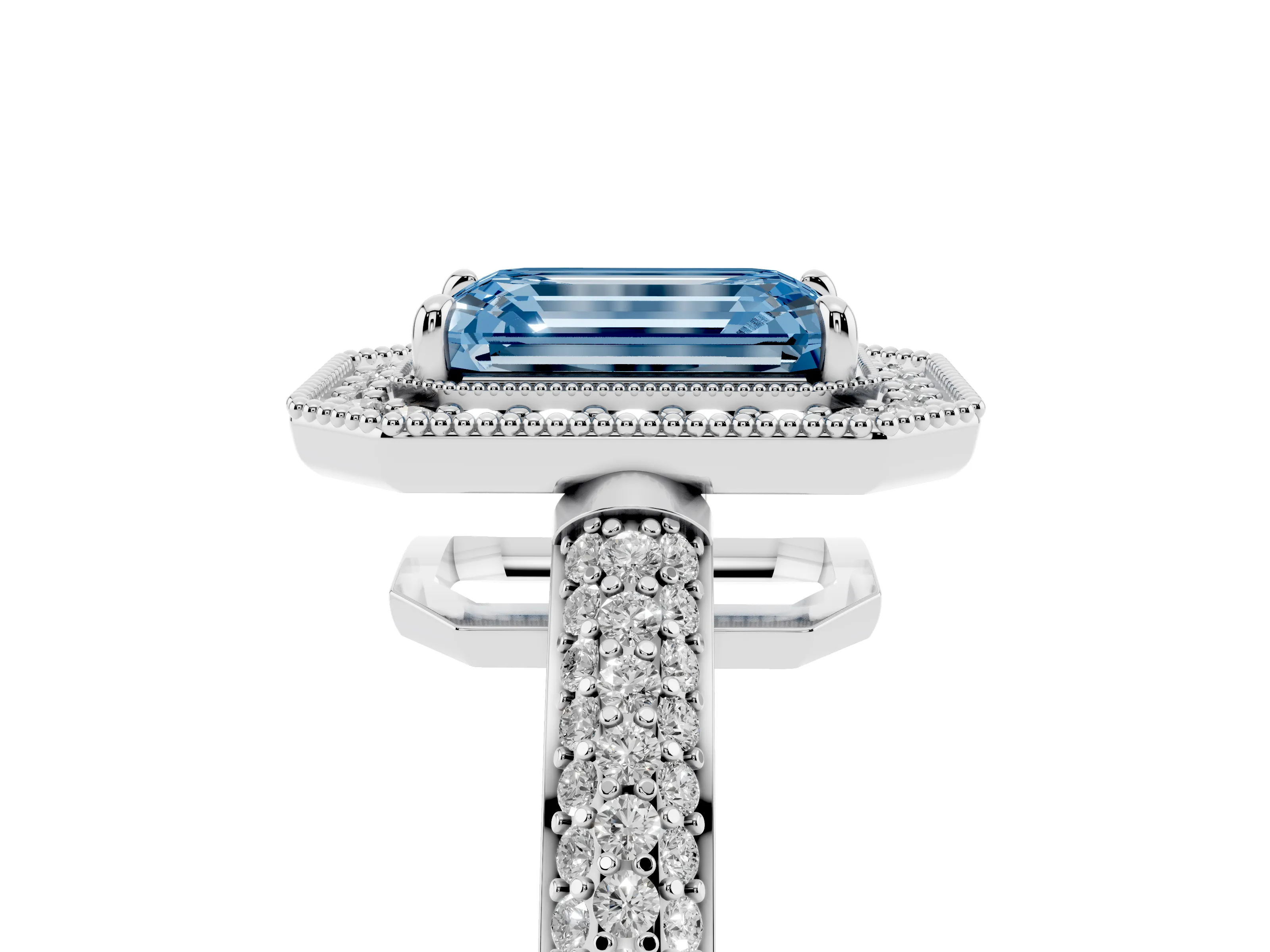 Fancy Blue Emerald Cut Diamond Halo Pavé Band Set in Platinum with Prong Setting