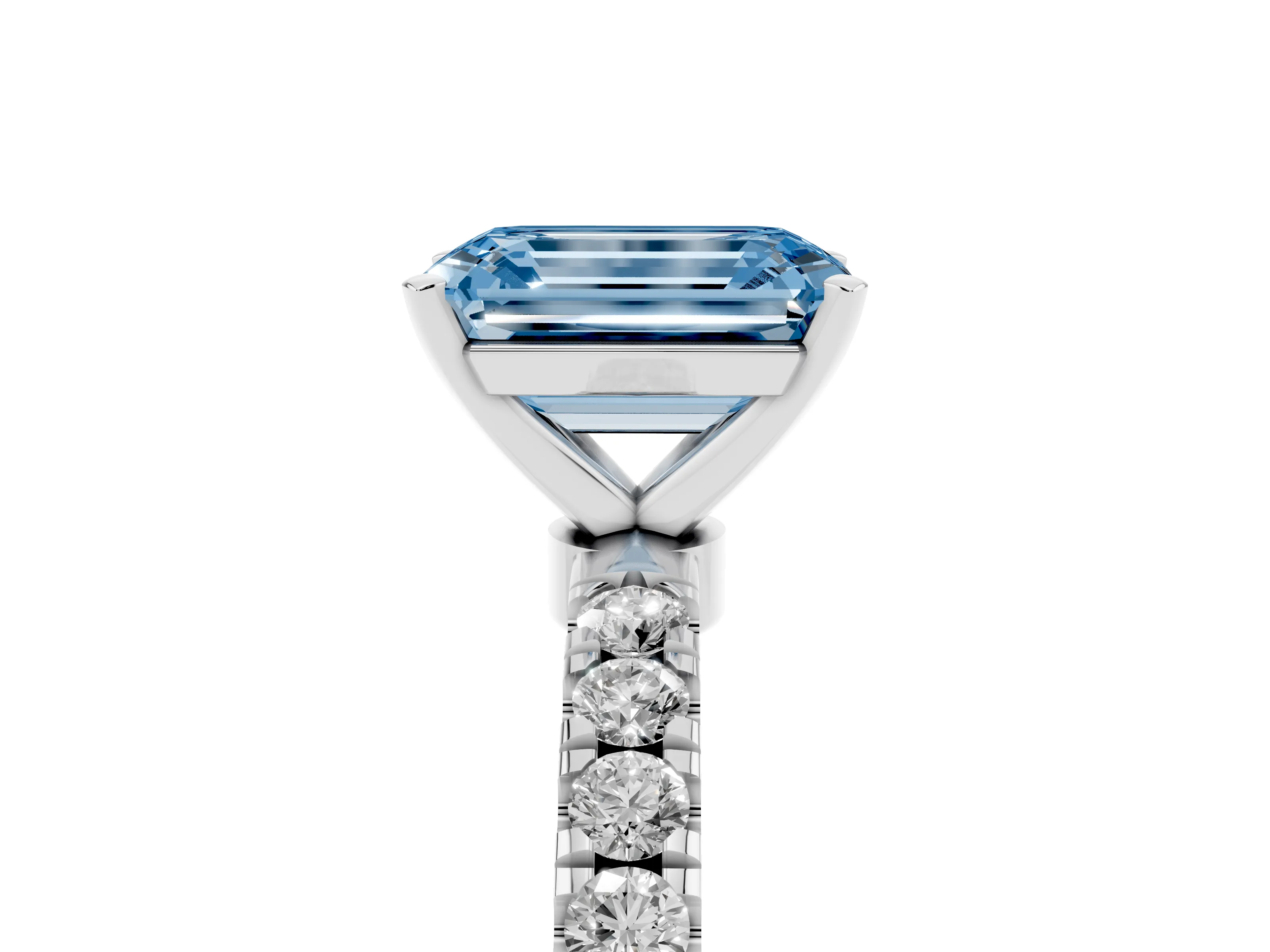 Fancy Blue Emerald Cut Diamond Solitaire Ring Set in Platinum with Pavé Accents and Prong Setting