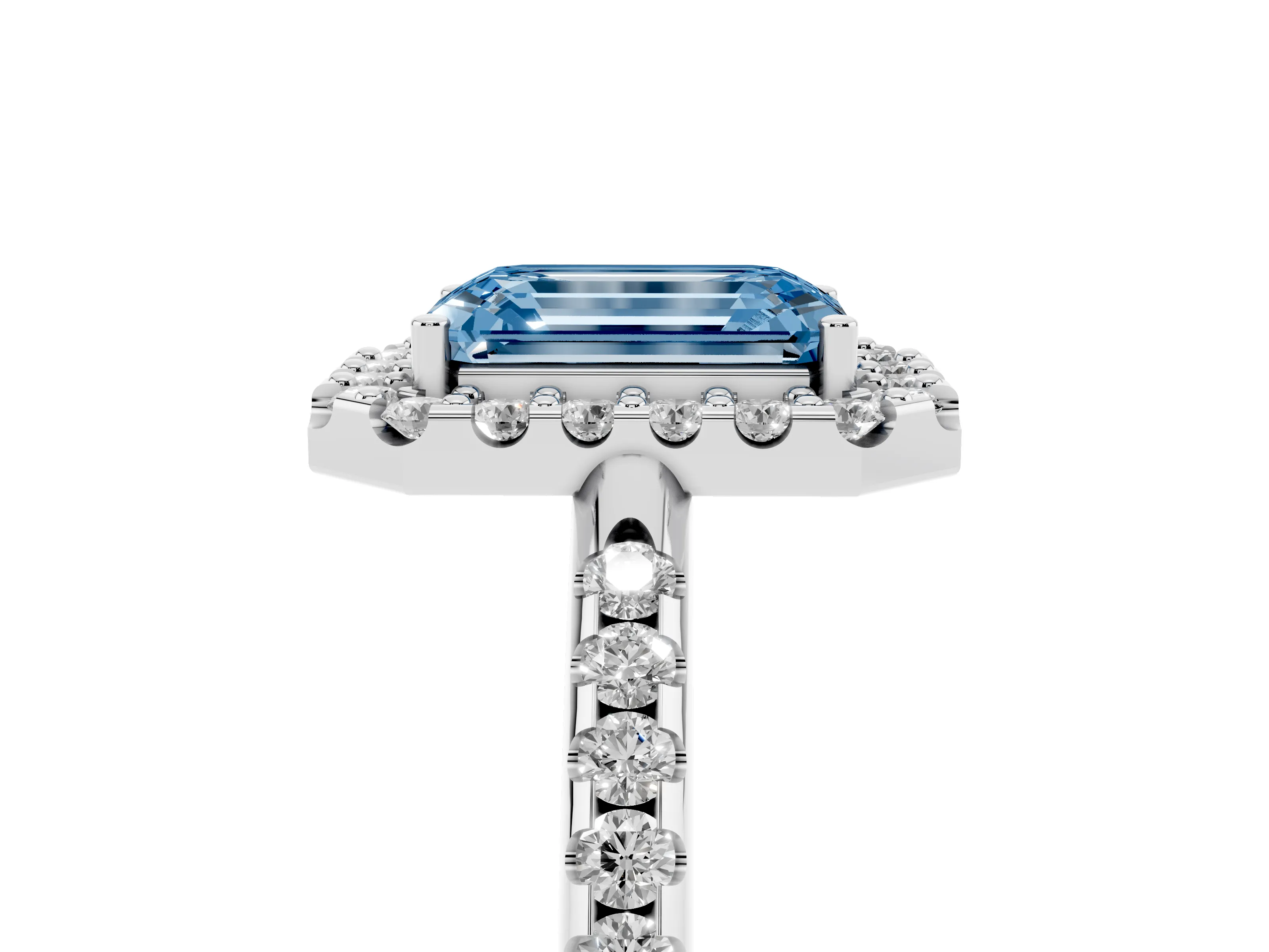 Fancy Blue Emerald Cut Diamond Pavé Halo Ring Set in Platinum with Prong Setting