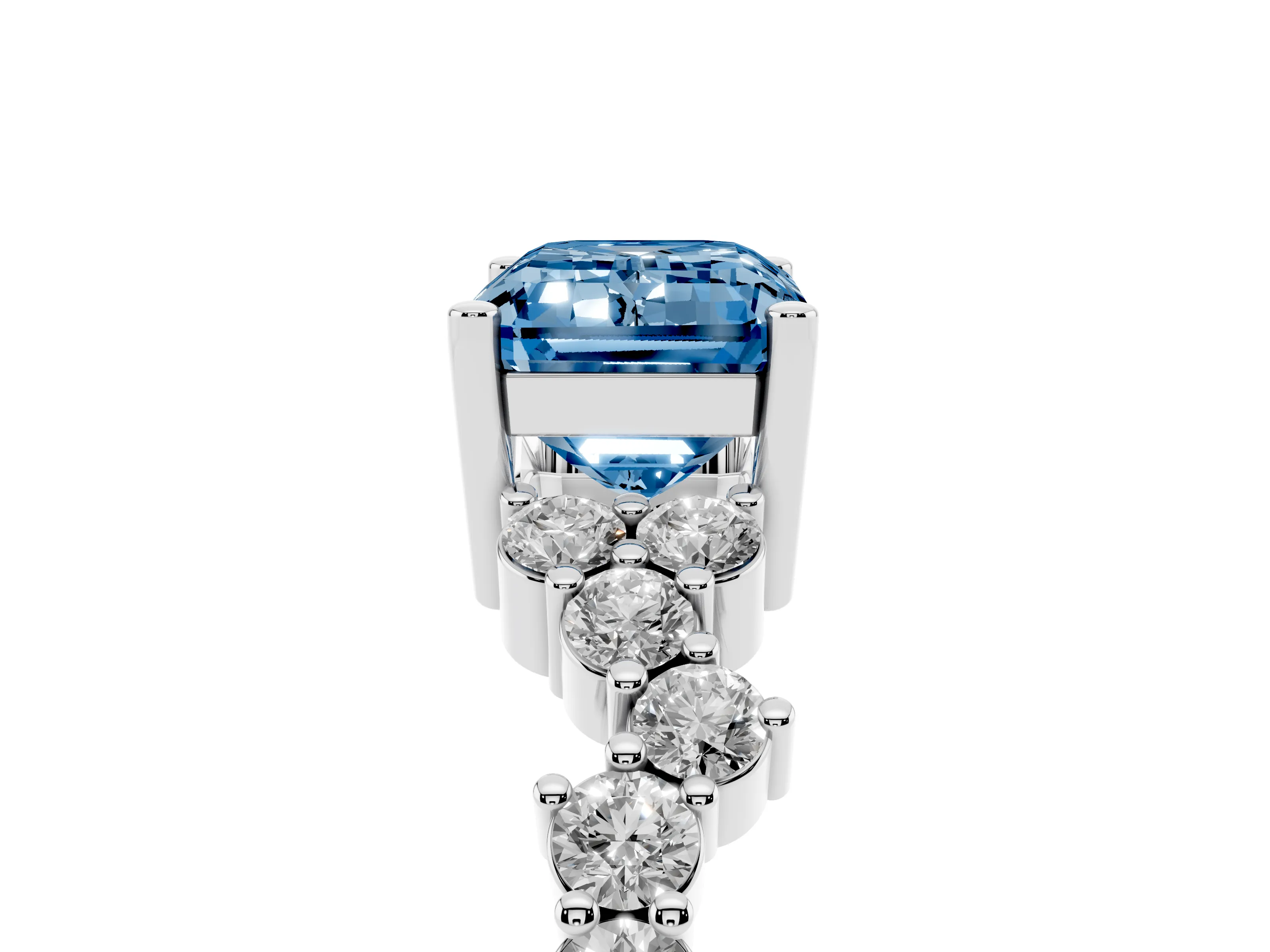 Fancy Blue Emerald Cut Diamond Ring Set in Silver with Scattered Round Accents