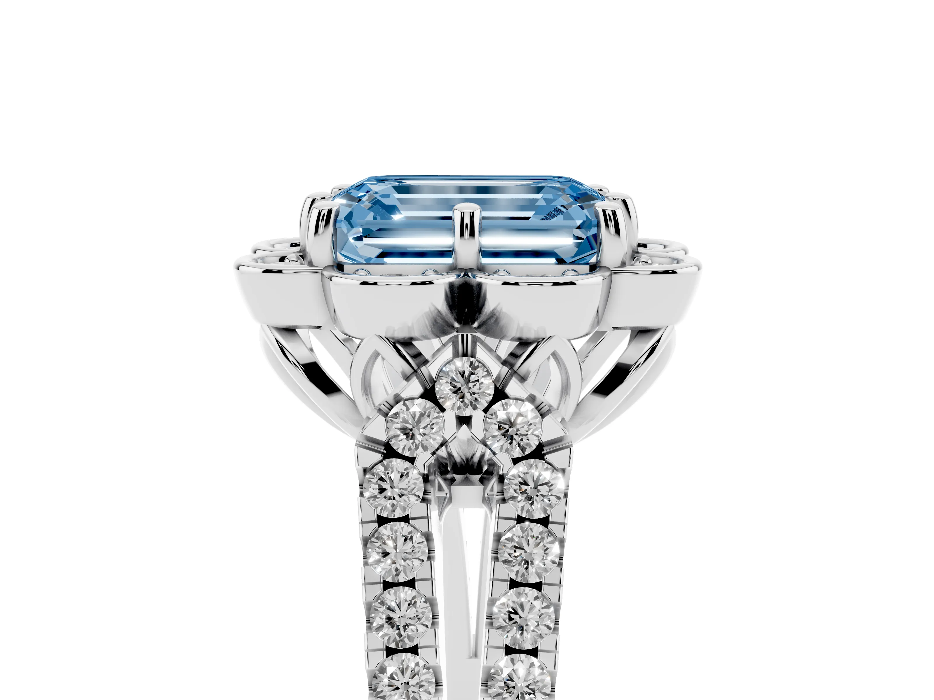 Fancy Blue Emerald Cut Diamond Floral Halo Split Shank Engagement Ring Set in Platinum with Pavé Shank