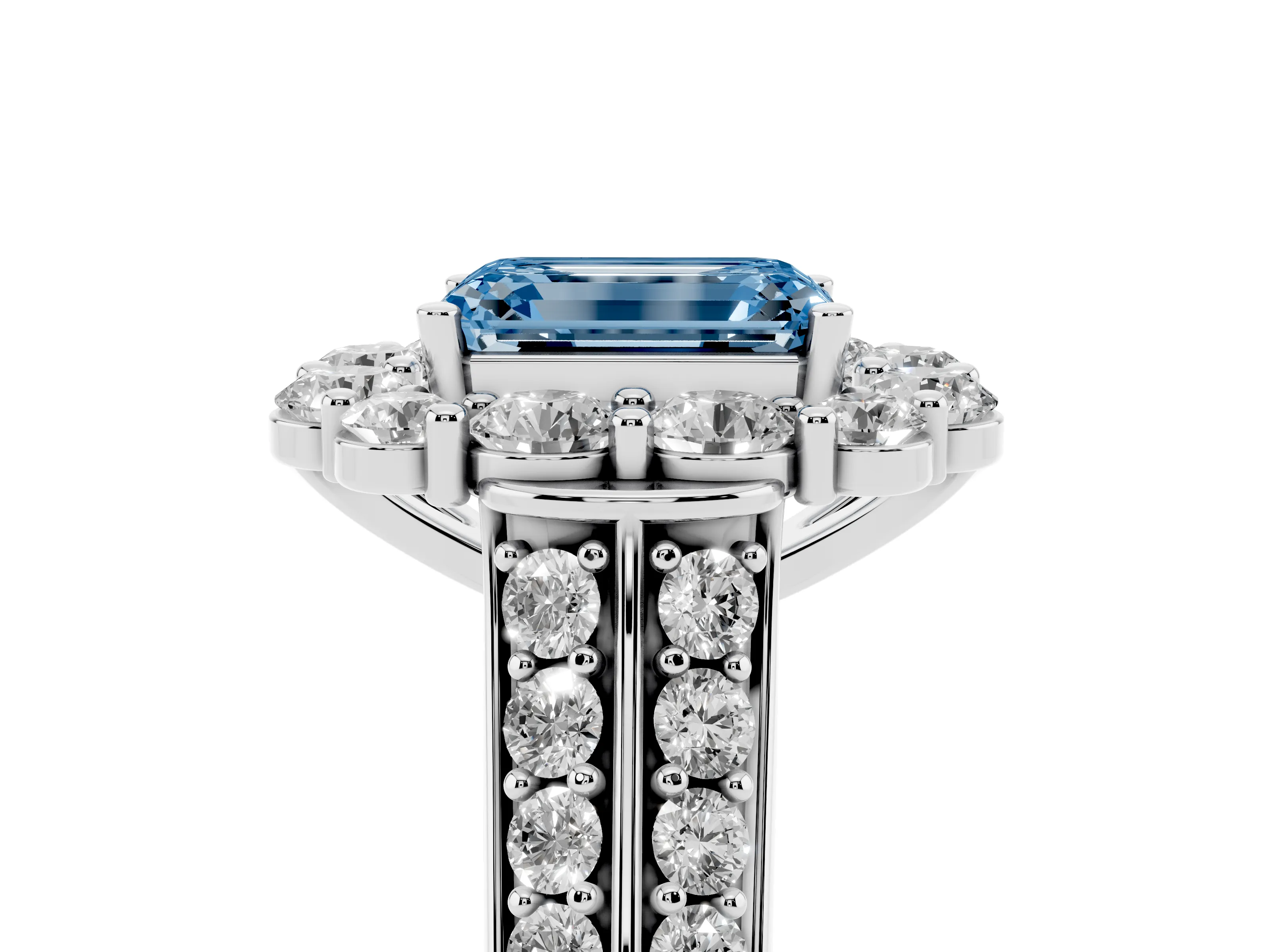 Fancy Blue Emerald Cut Diamond Halo Engagement Ring Set in Platinum with Split Shank and Prong Setting