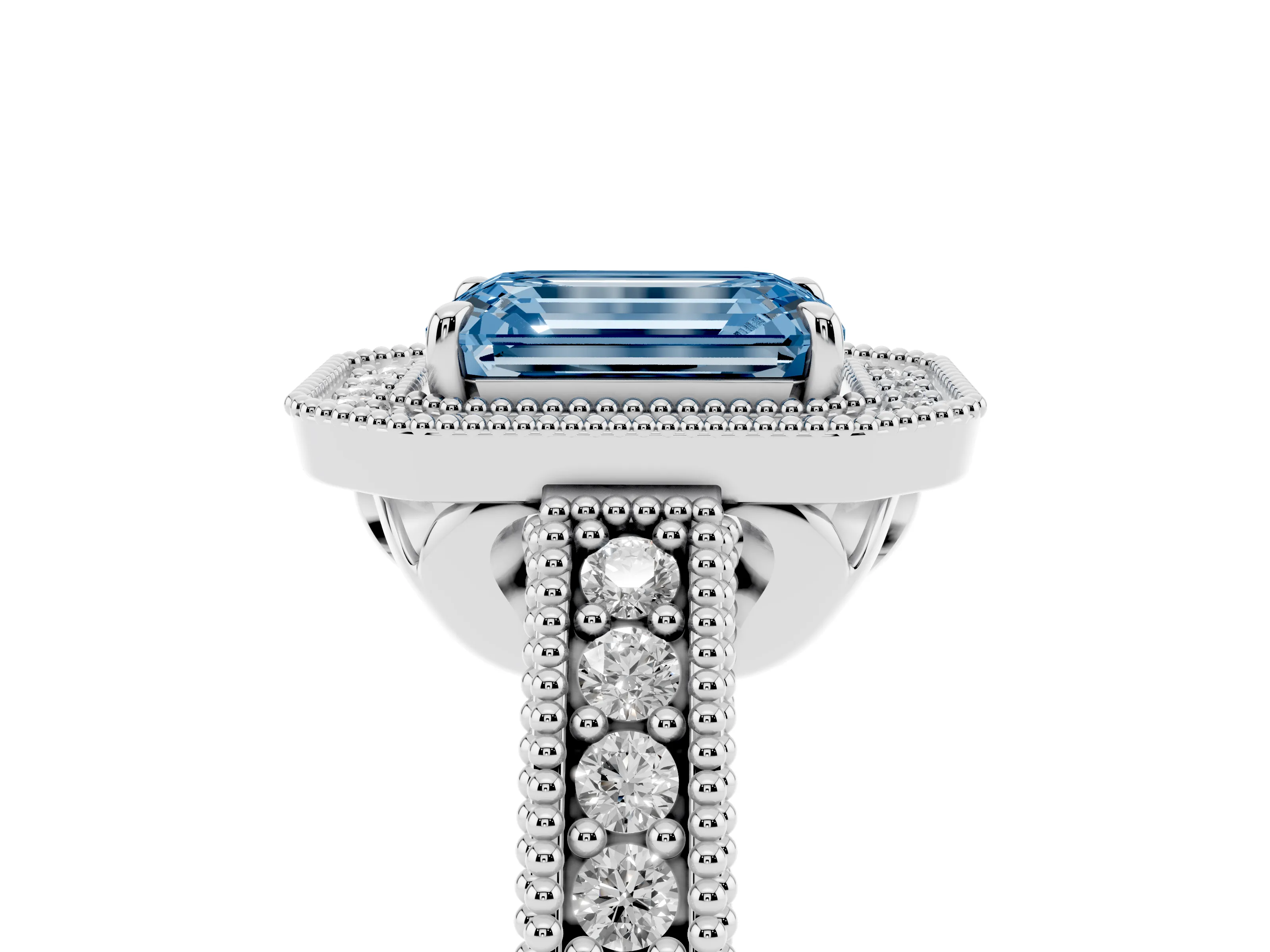Fancy Blue Emerald Cut Diamond Halo Ring Set in White gold with Round Accent Halo, Pavé Band and Prong Setting