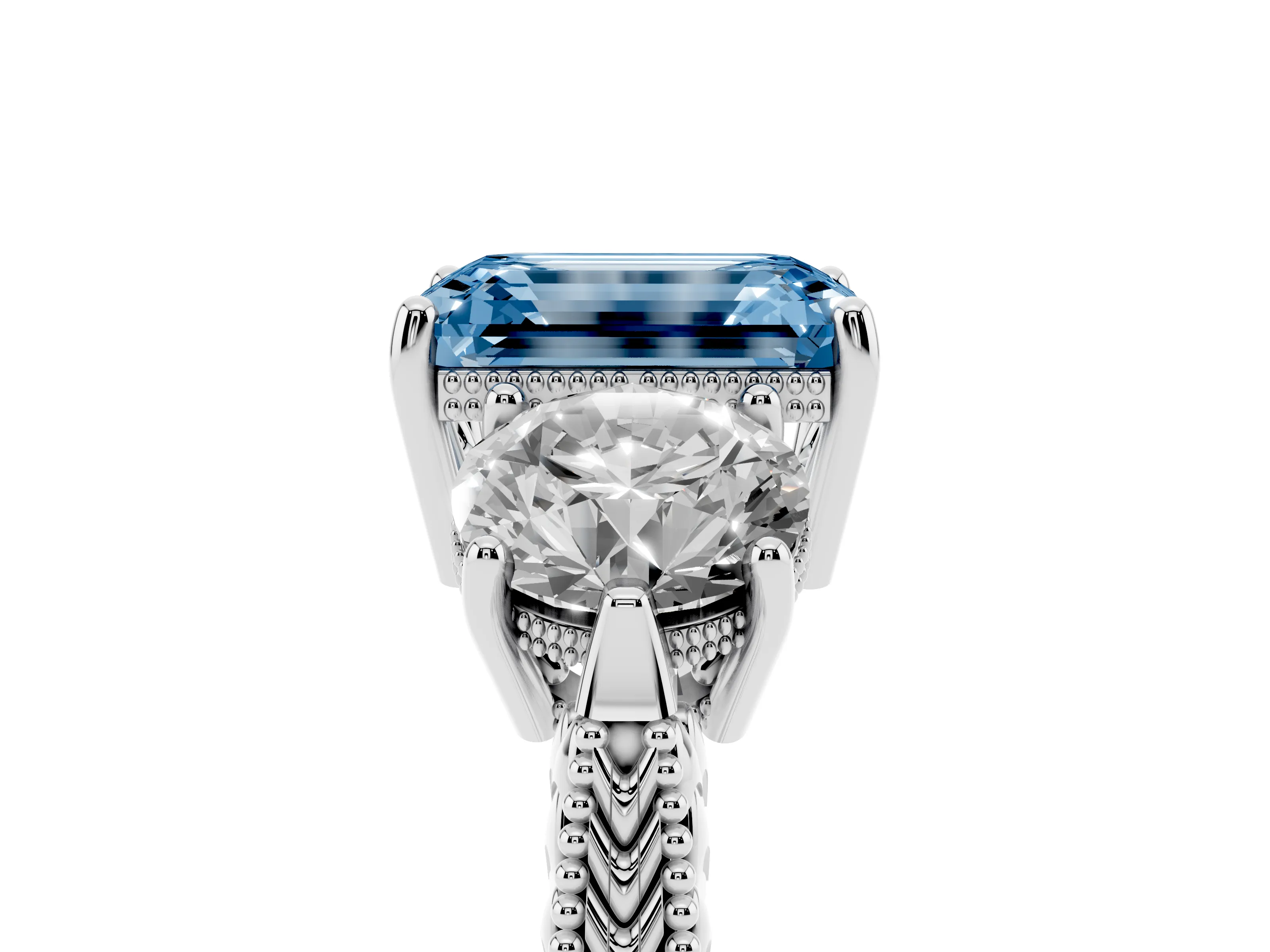 Fancy Blue Emerald Cut Diamond Three-Stone Ring Set in Silver with Milgrain Band