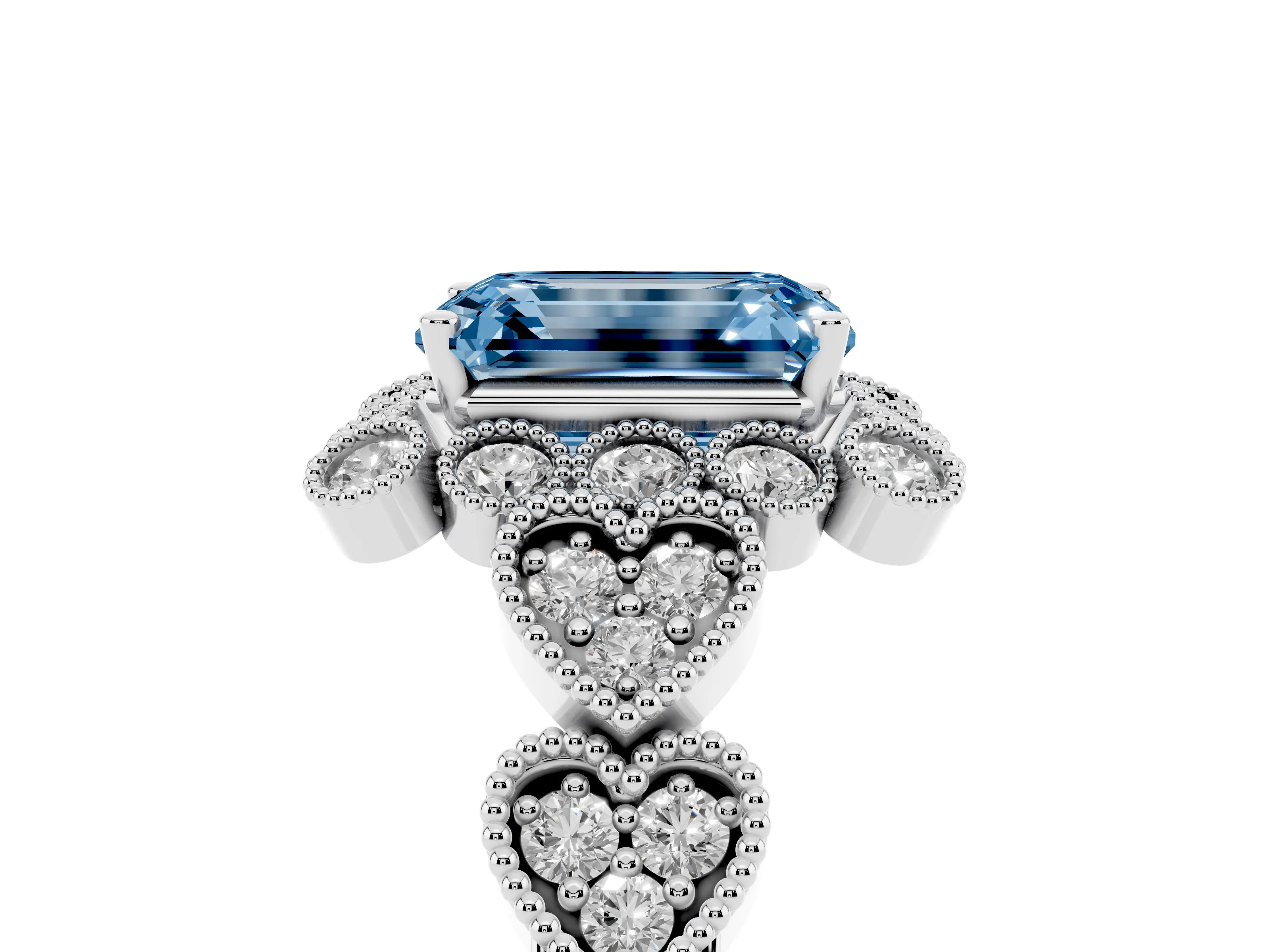 Fancy Blue Emerald Cut Diamond Solitaire Ring Set in Platinum with Milgrain Pavé Heart Band