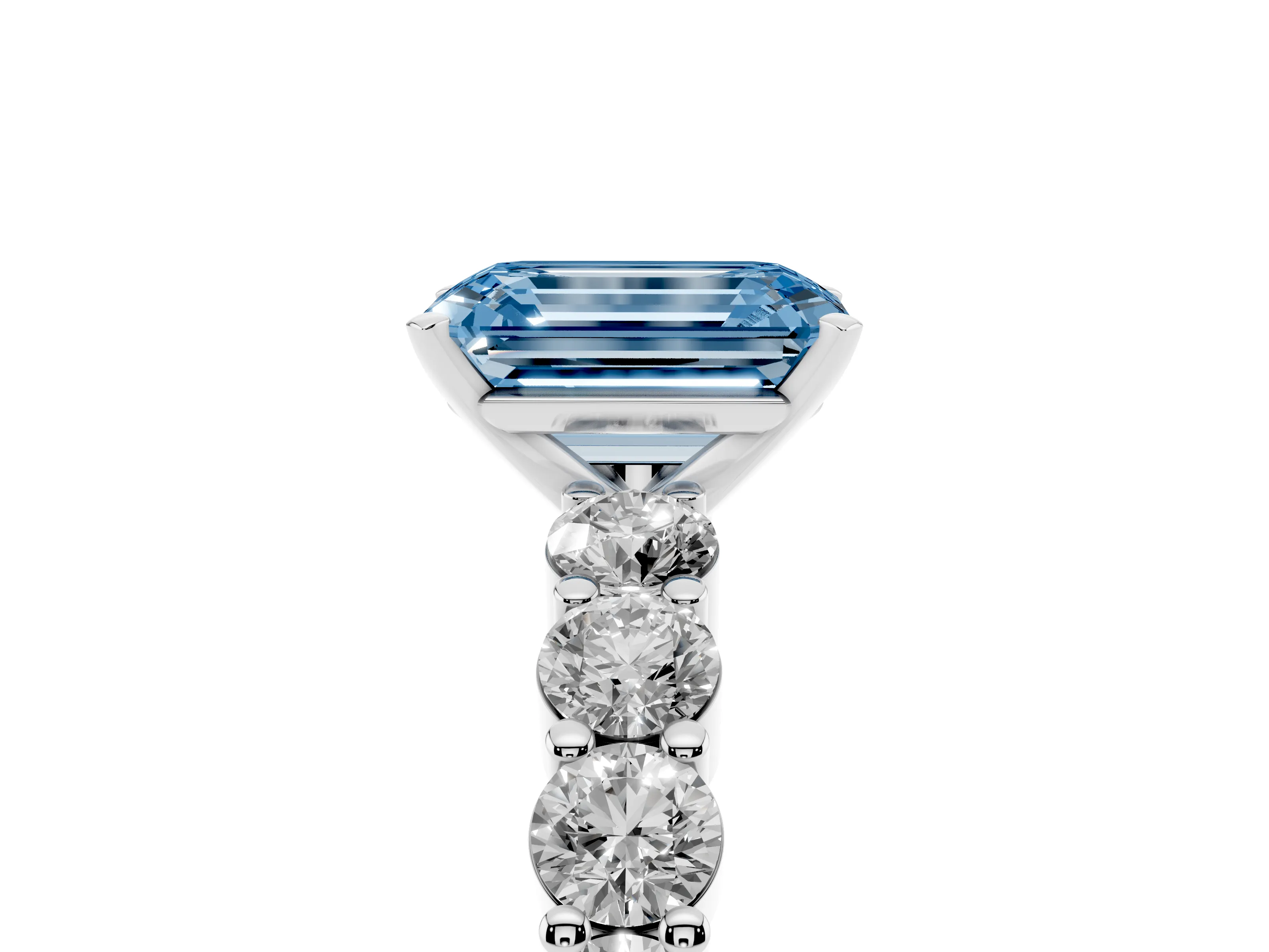 Fancy Blue Emerald Cut Diamond Solitaire Ring Set in White gold with Shared Prong Round Side Stones