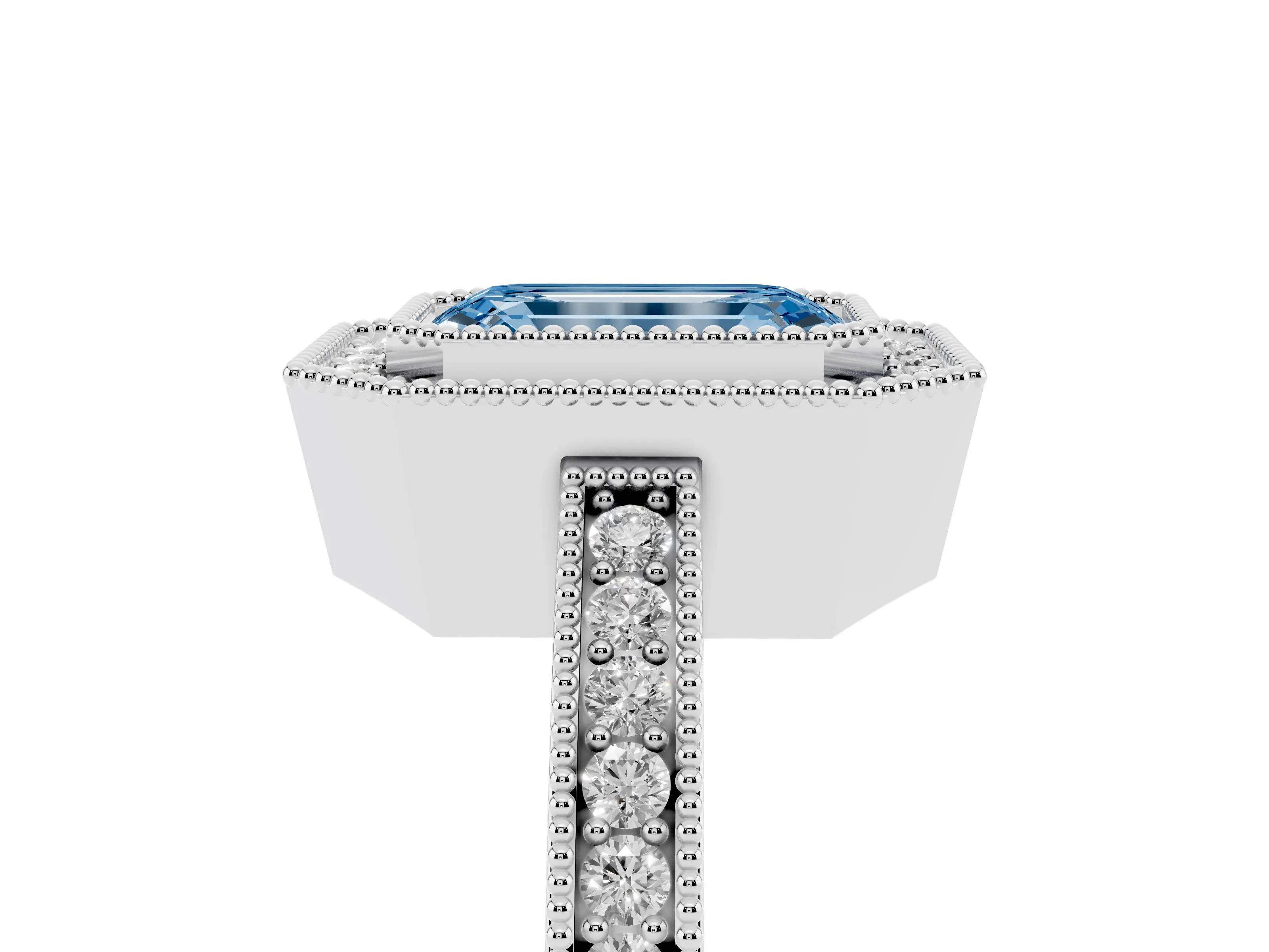 Fancy Blue Emerald Cut Diamond Round Halo Ring Set in Silver with Pavé Band