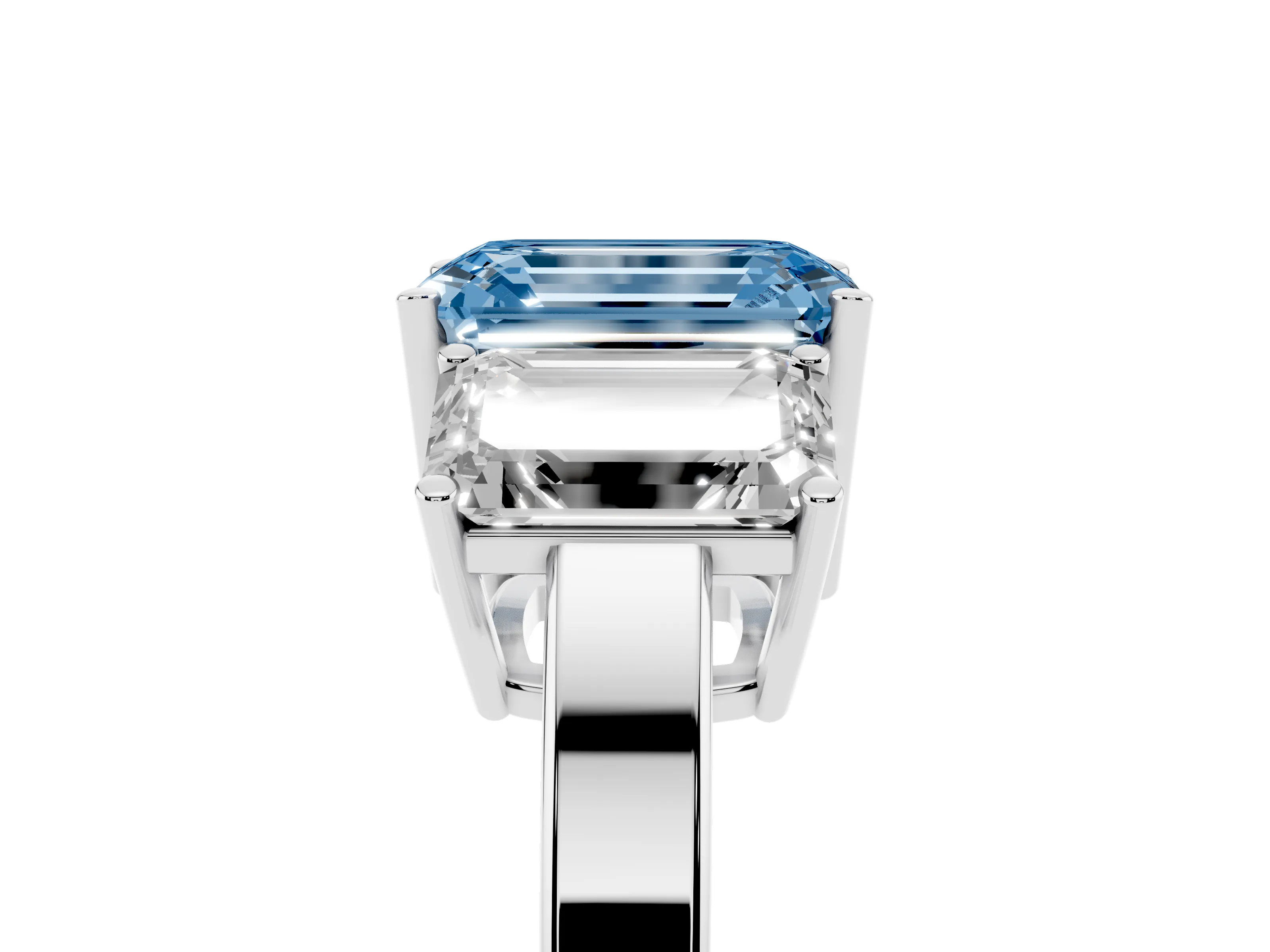 Fancy Blue Emerald Cut Diamond Three-Stone Engagement Ring Set in Silver with Flat Band