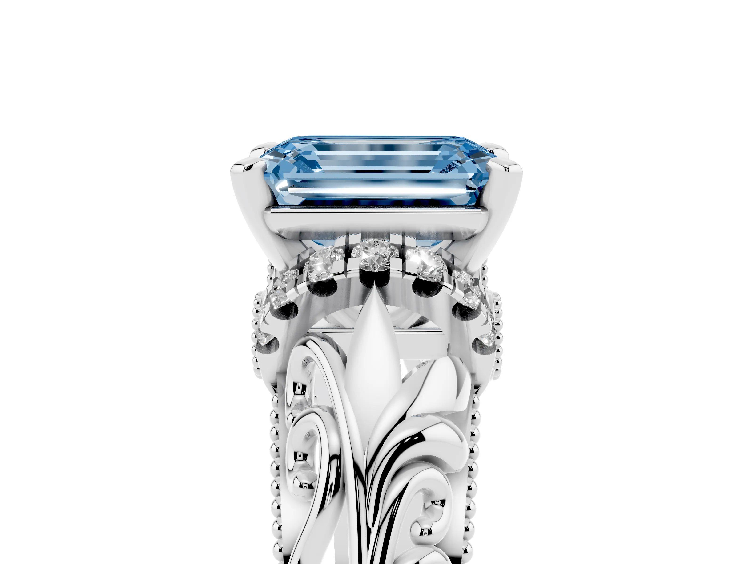 Fancy Blue Emerald Cut Diamond Filigree Halo Engagement Ring Set in Platinum with Prong Setting