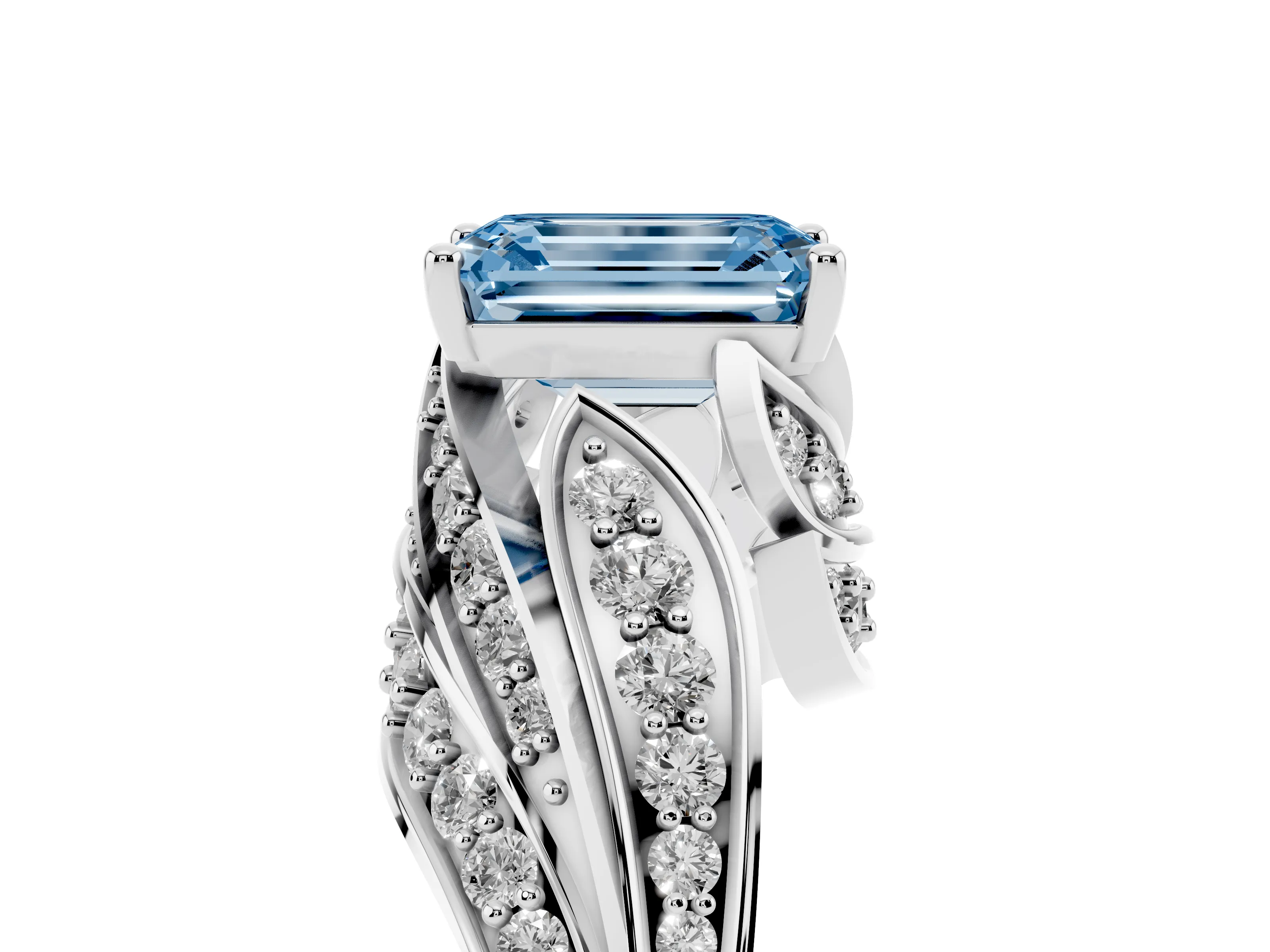 Fancy Blue Emerald Cut Diamond Solitaire Ring Set in Silver with Layered Twist Pavé Band
