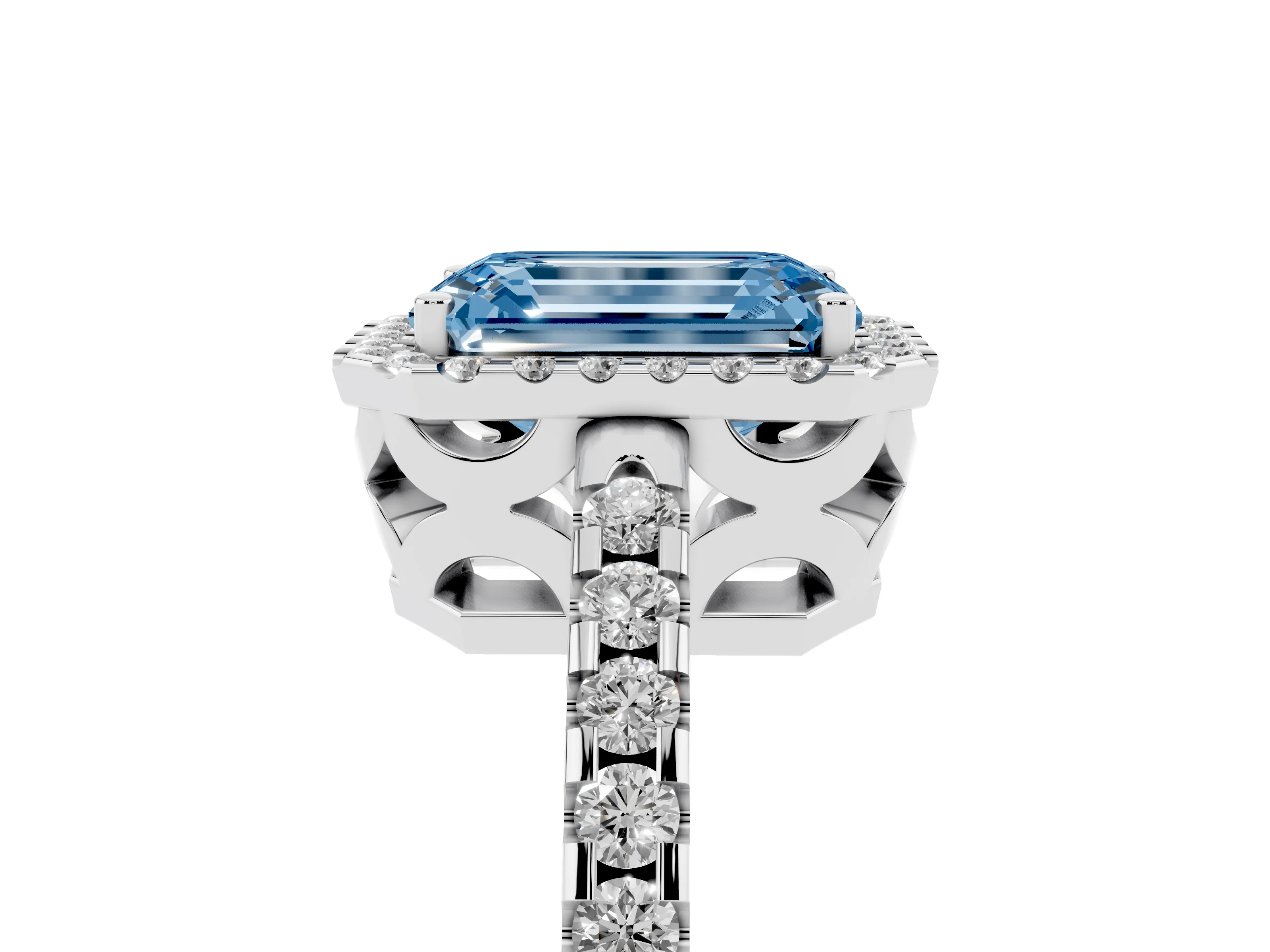 Fancy Blue Emerald Cut Diamond Halo Ring Set in White gold with Pavé Shoulders and Halo-Framed Center