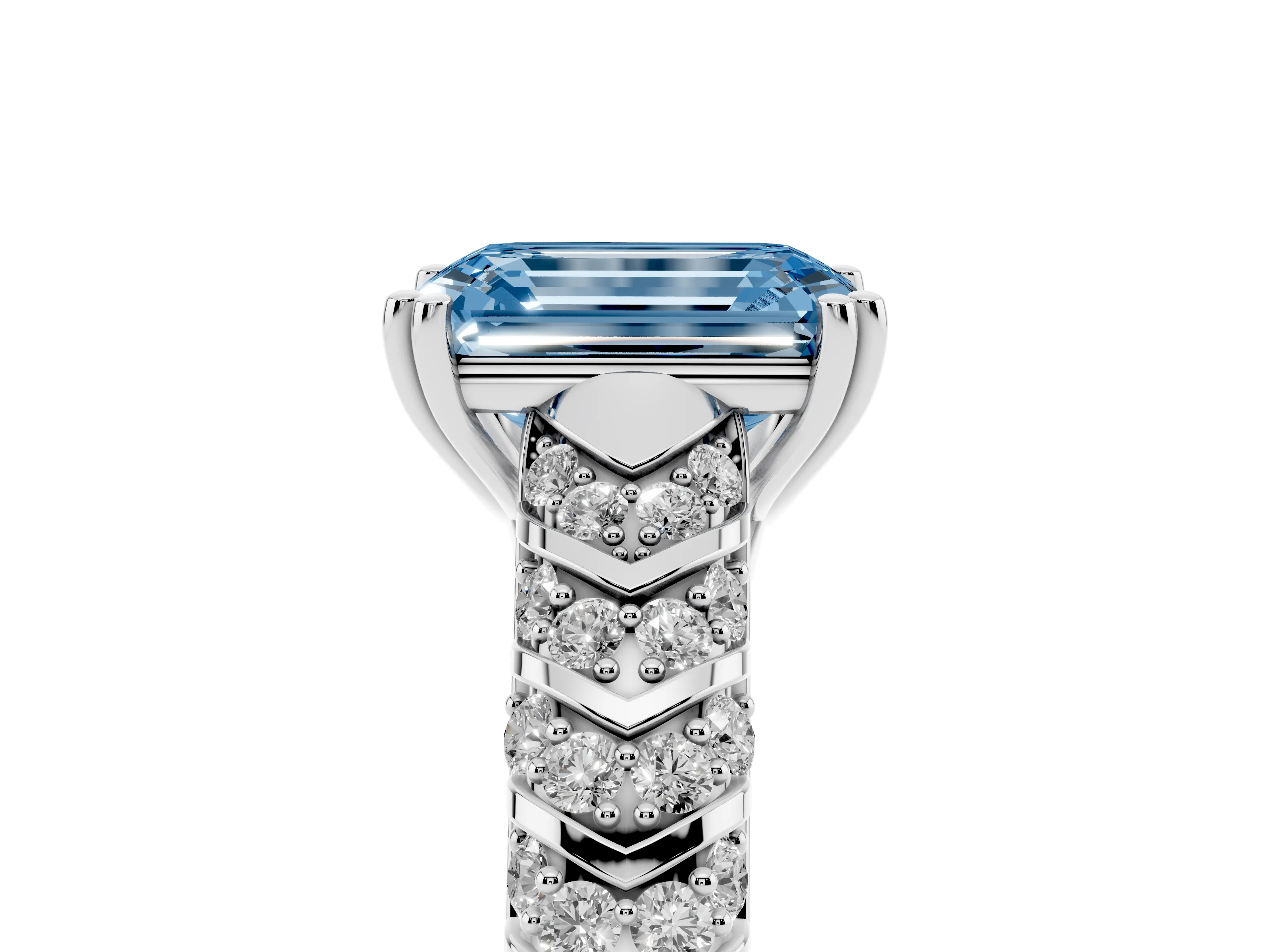 Fancy Blue Emerald Cut Diamond Solitaire Chevron Pavé Engagement Ring Set in Platinum with Prong Setting