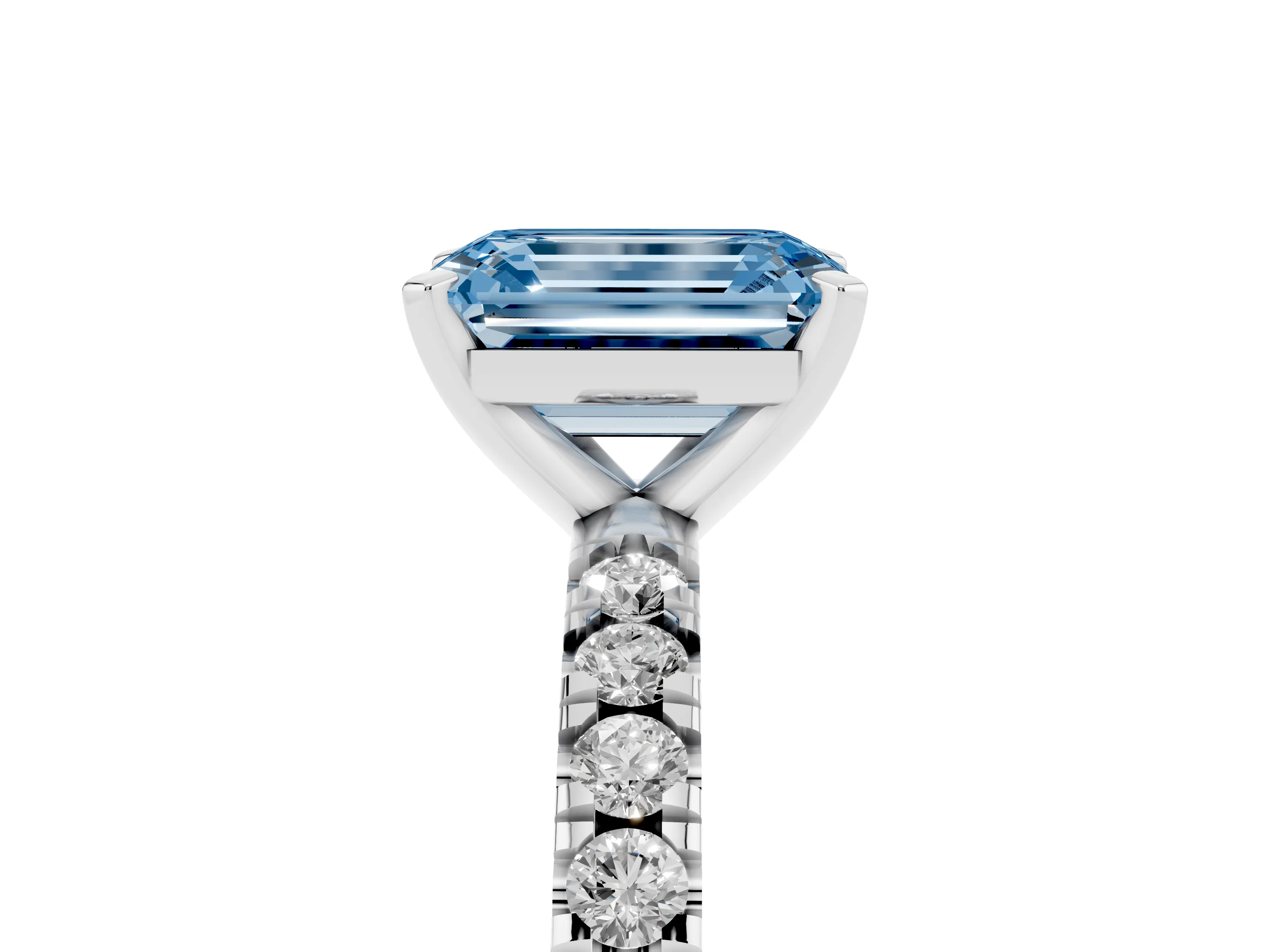 Fancy Blue Emerald Cut Diamond Pavé Band Solitaire Set in Platinum with Prong Setting