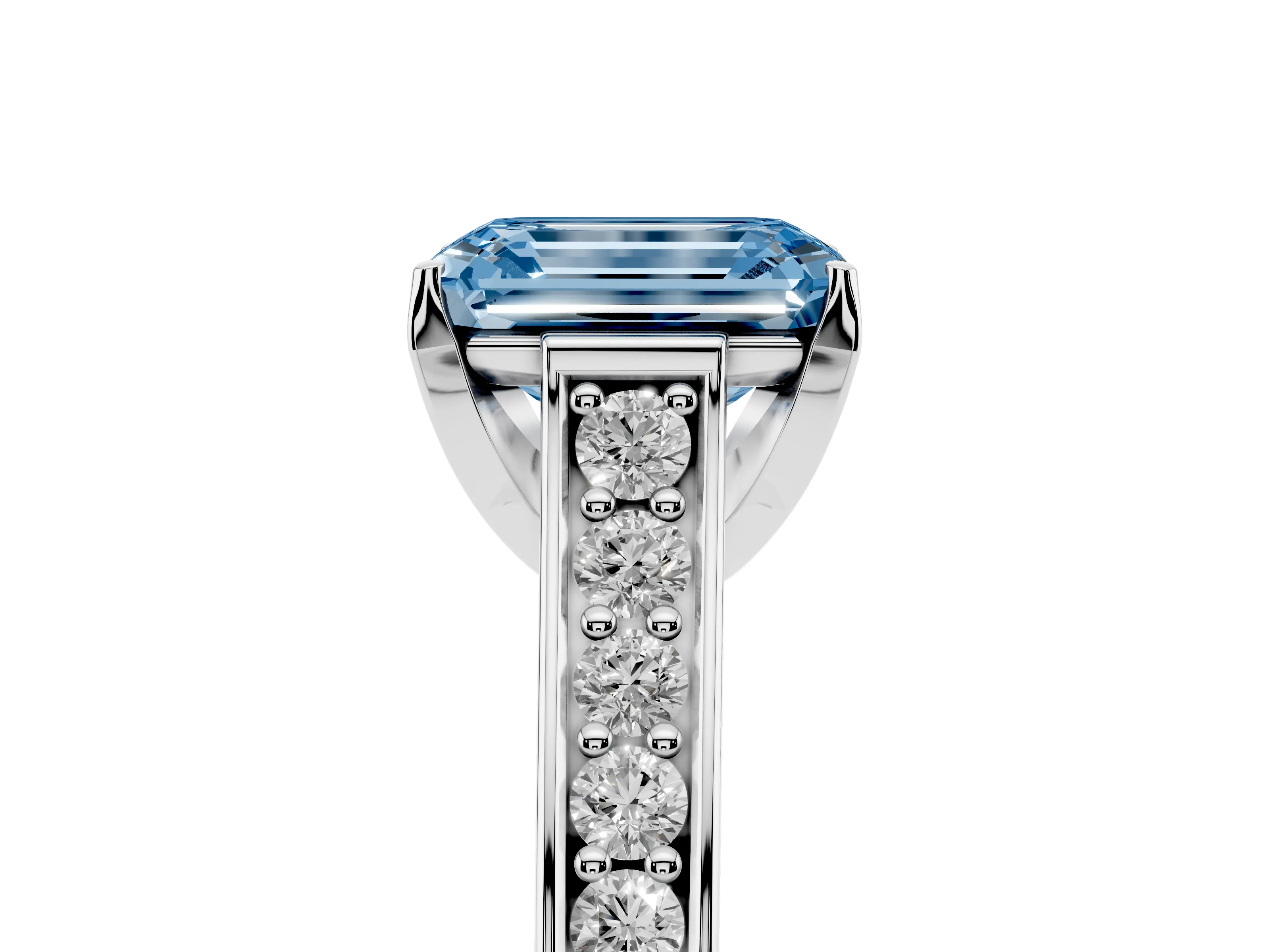 Fancy Blue Emerald Cut Diamond Solitaire Pavé Engagement Ring Set in White gold with Prong Setting