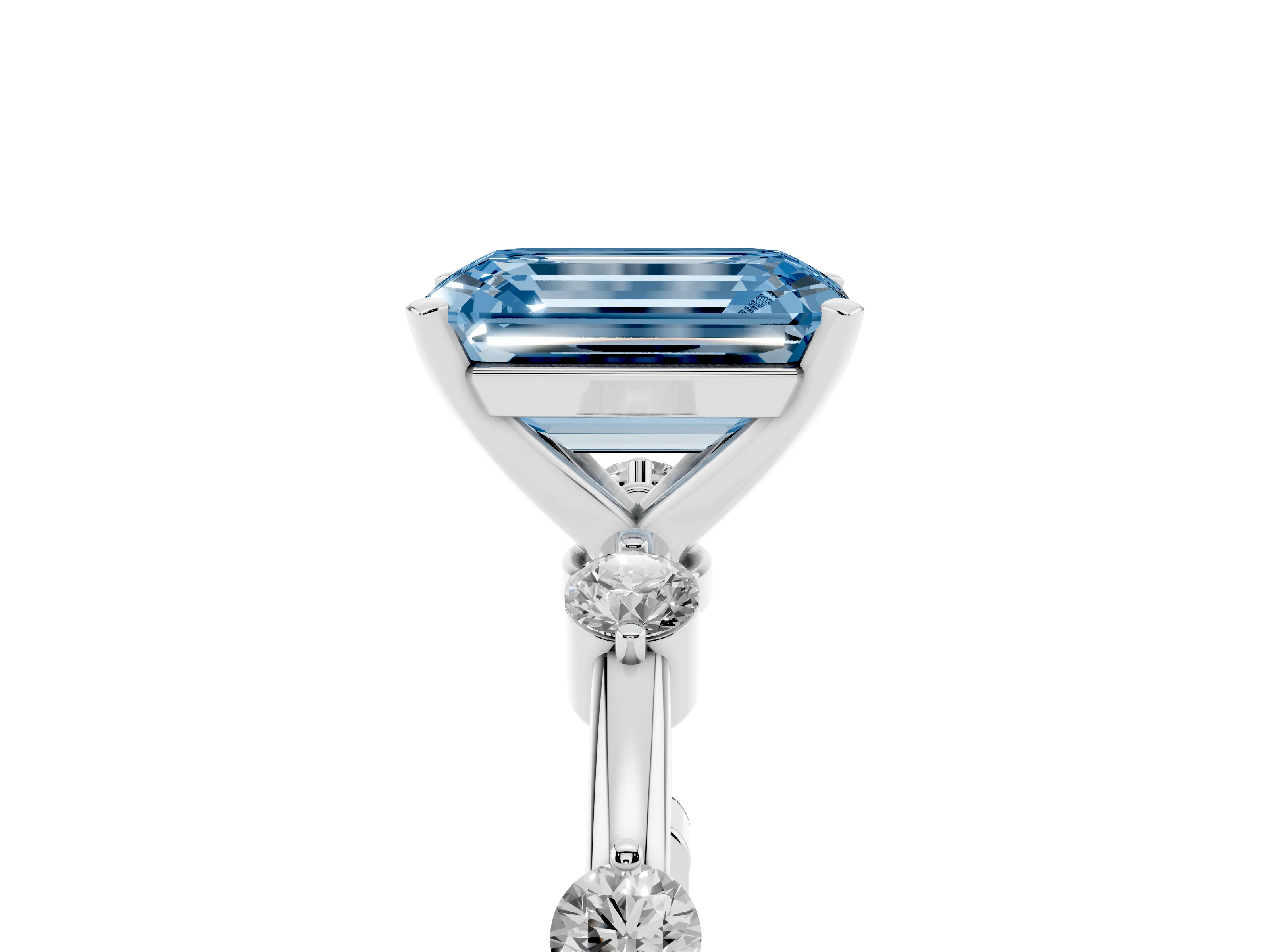 Fancy Blue Emerald Cut Diamond Solitaire Ring Set in White gold with Bezel Set Side Stones and Prong Setting