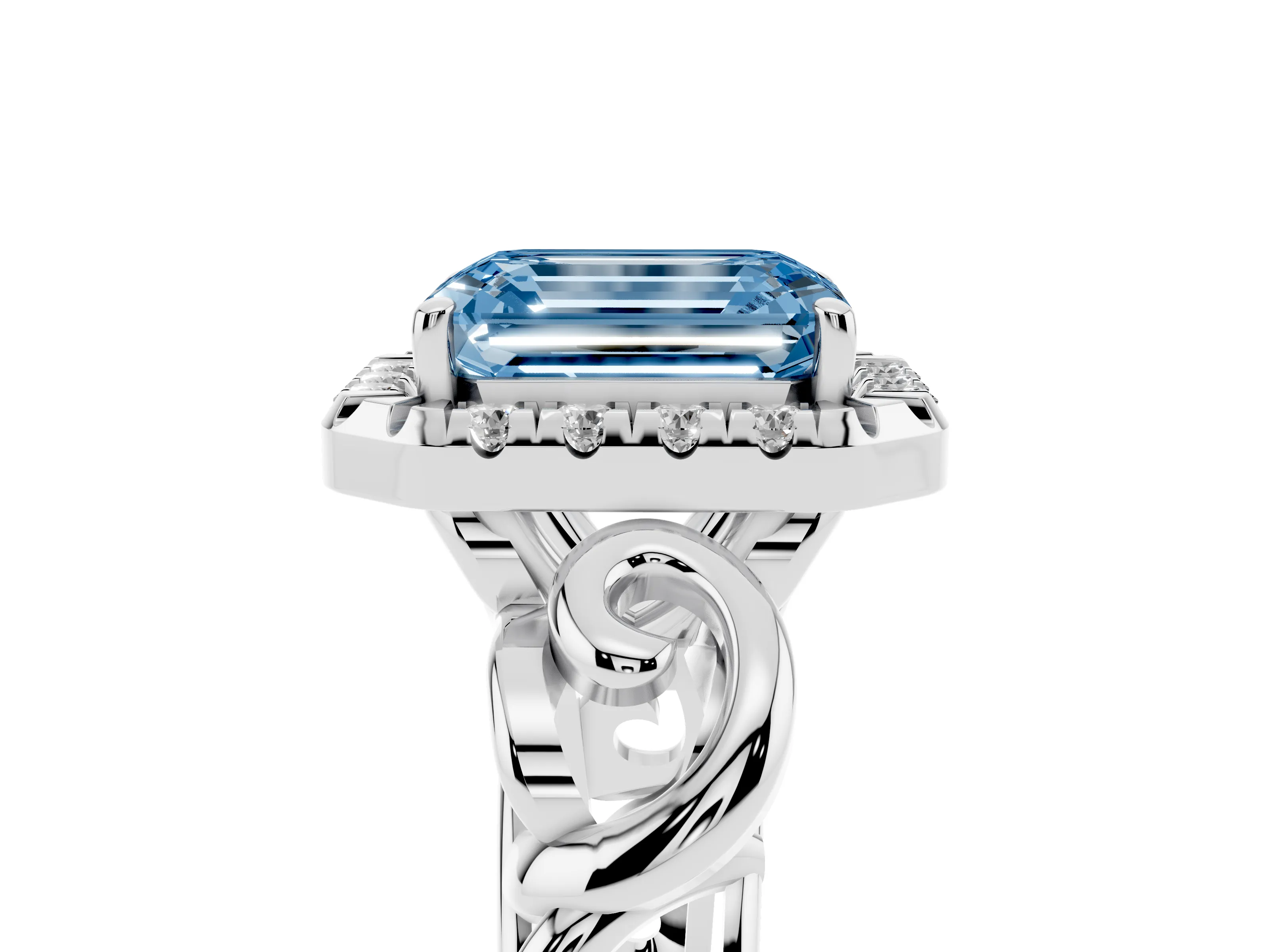 Fancy Blue Emerald Cut Diamond Halo Ring Set in Platinum with Scrollwork Band and Prong Setting