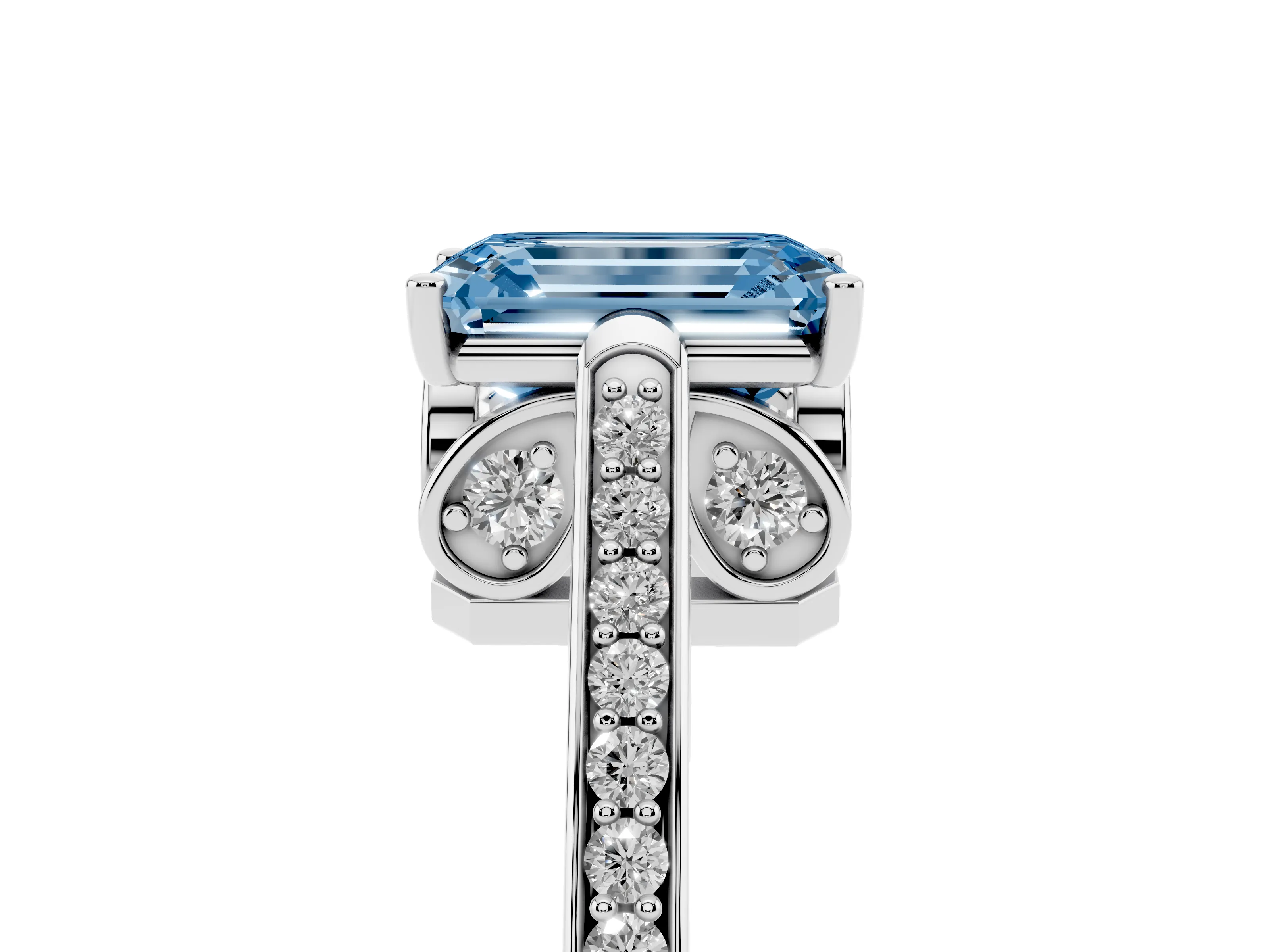 Fancy Blue Emerald Cut Diamond Cathedral Pavé Engagement Ring Set in Silver with Prong Setting