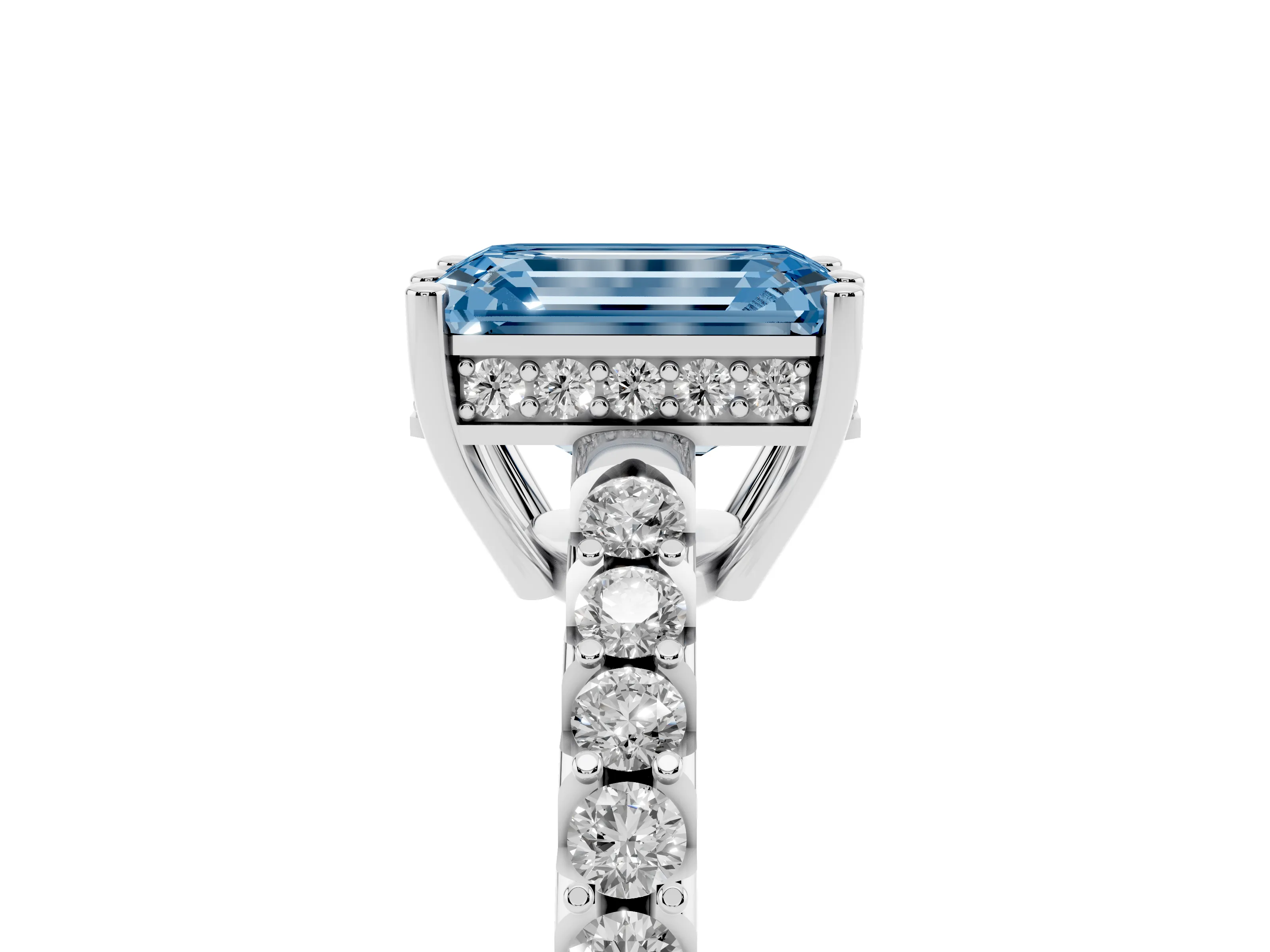 Fancy Blue Emerald Cut Diamond Solitaire Engagement Ring Set in Silver with Pavé Band and Prong Setting