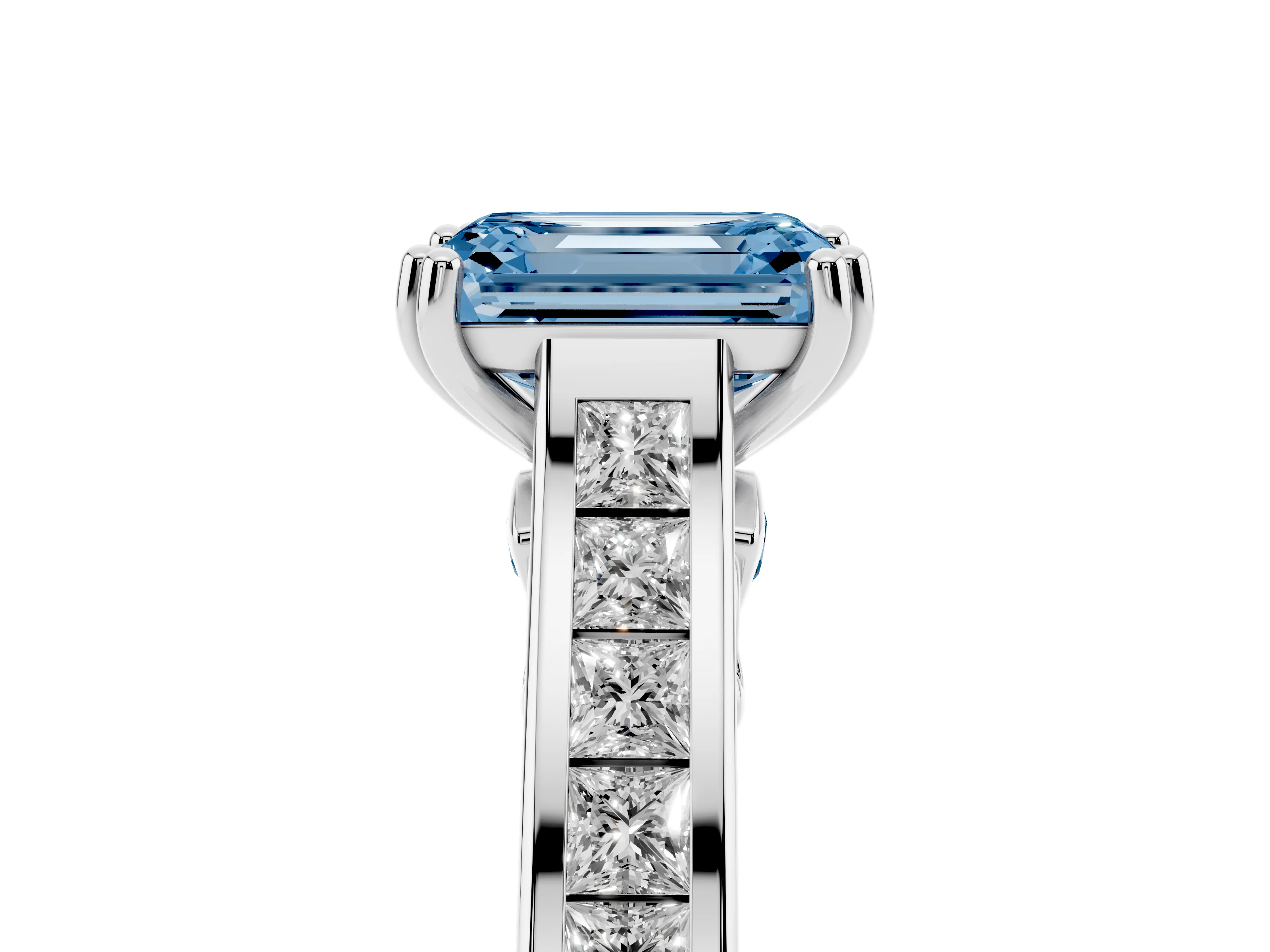 Fancy Blue Emerald Cut Diamond Channel Set Solitaire Engagement Ring Set in Platinum with Prong Setting