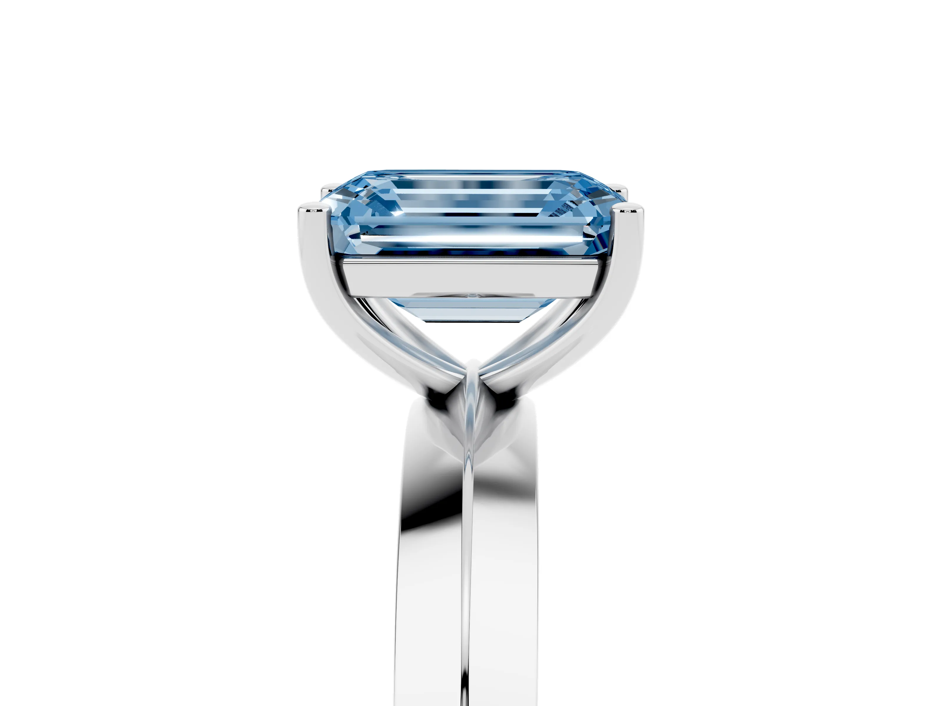 Fancy Blue Emerald Cut Diamond Solitaire Engagement Ring Set in Silver with Flat Band and Prong Setting