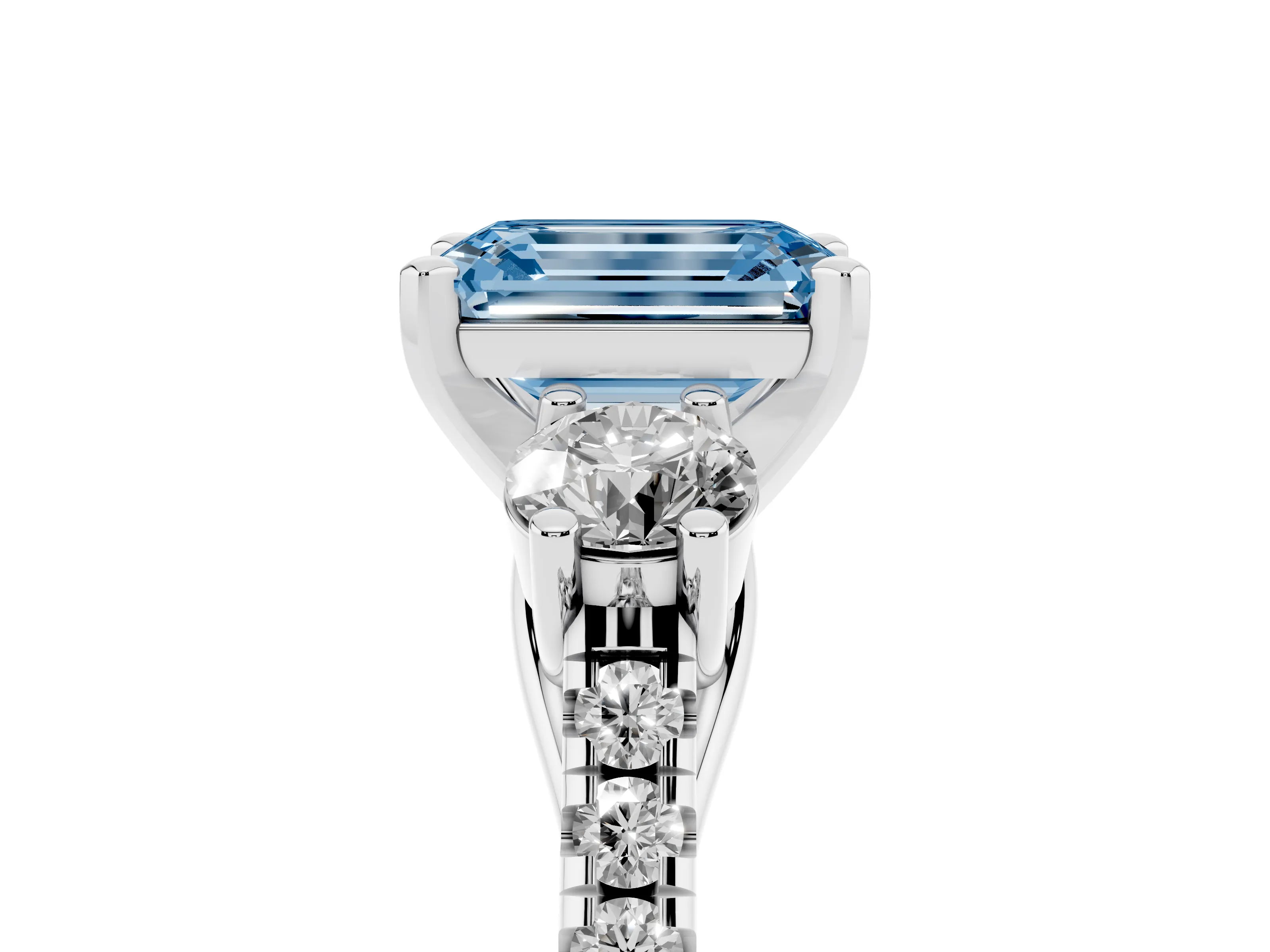 Fancy Blue Three-Stone Emerald Cut Diamond Pavé Band Ring Set in Platinum with Prong-Set Trio