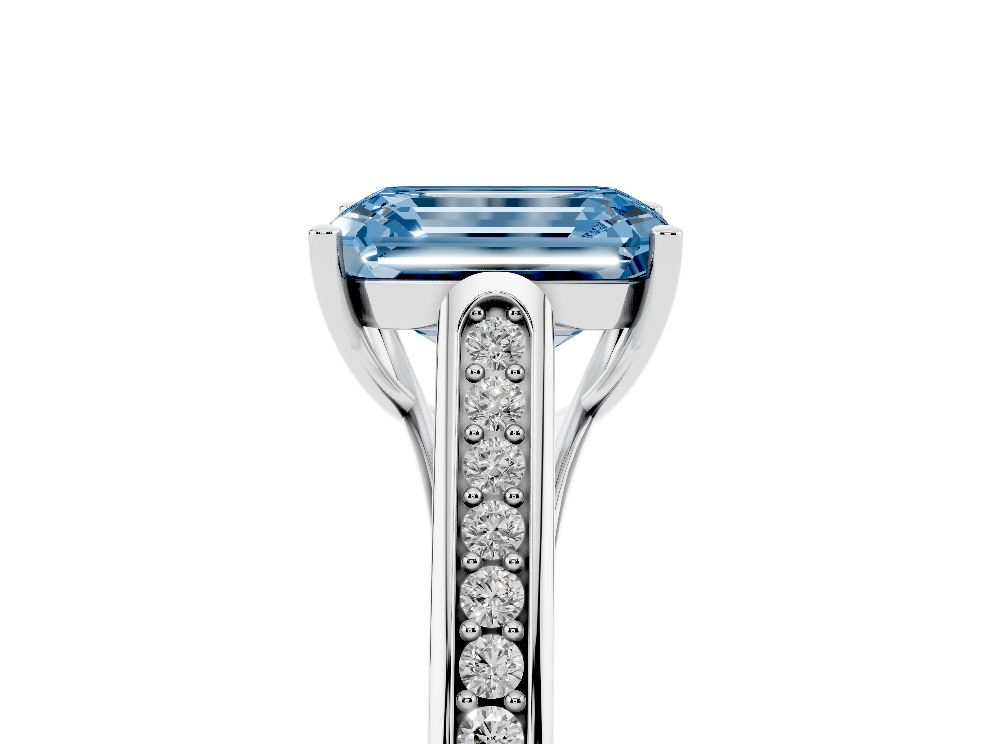 Fancy Blue Emerald Cut Diamond Solitaire Cathedral Engagement Ring Set in Platinum with Channel-Set Band and Prong Setting