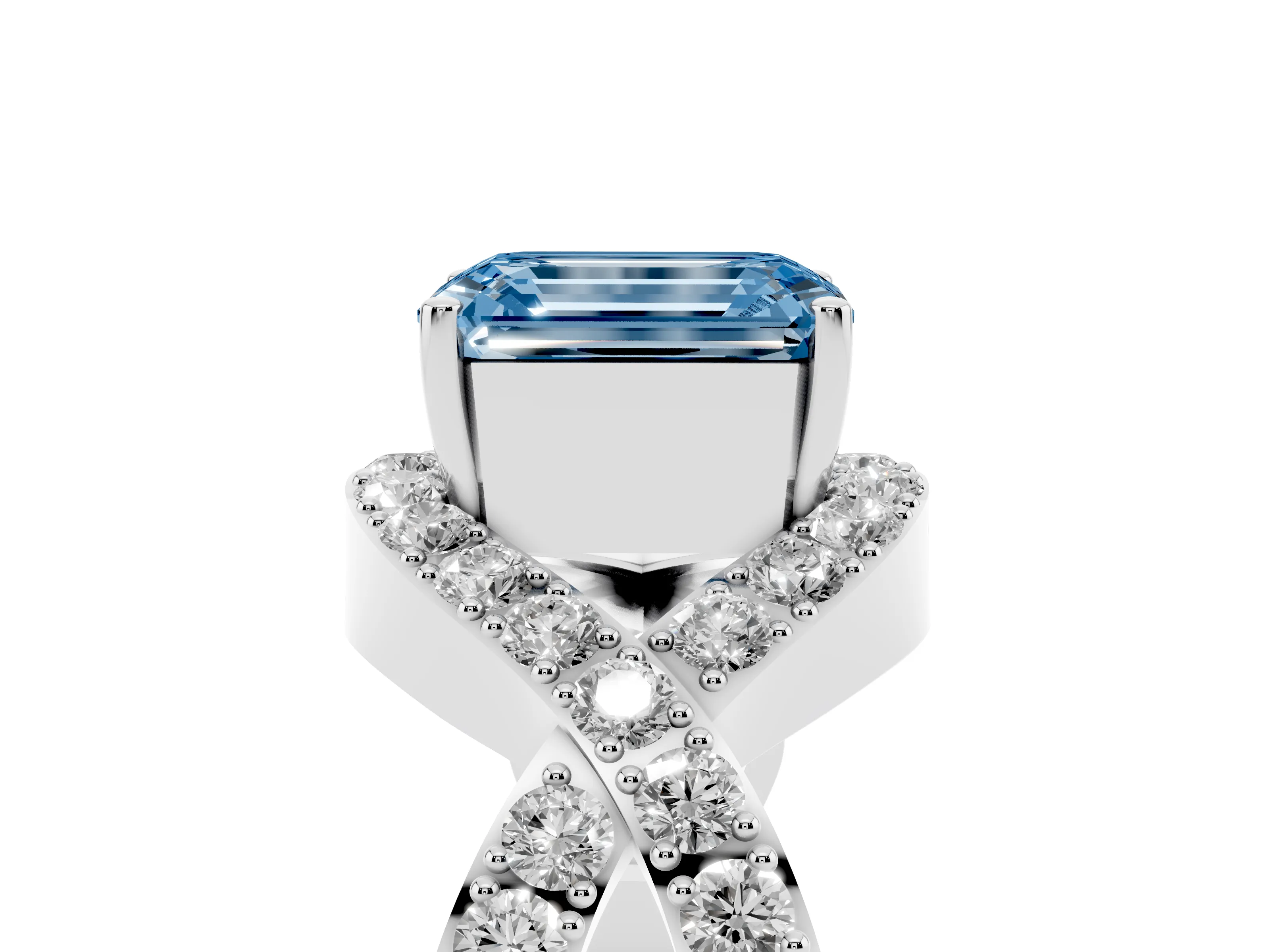 Fancy Blue Emerald Cut Diamond Solitaire Twist Band Pavé Engagement Ring Set in White gold