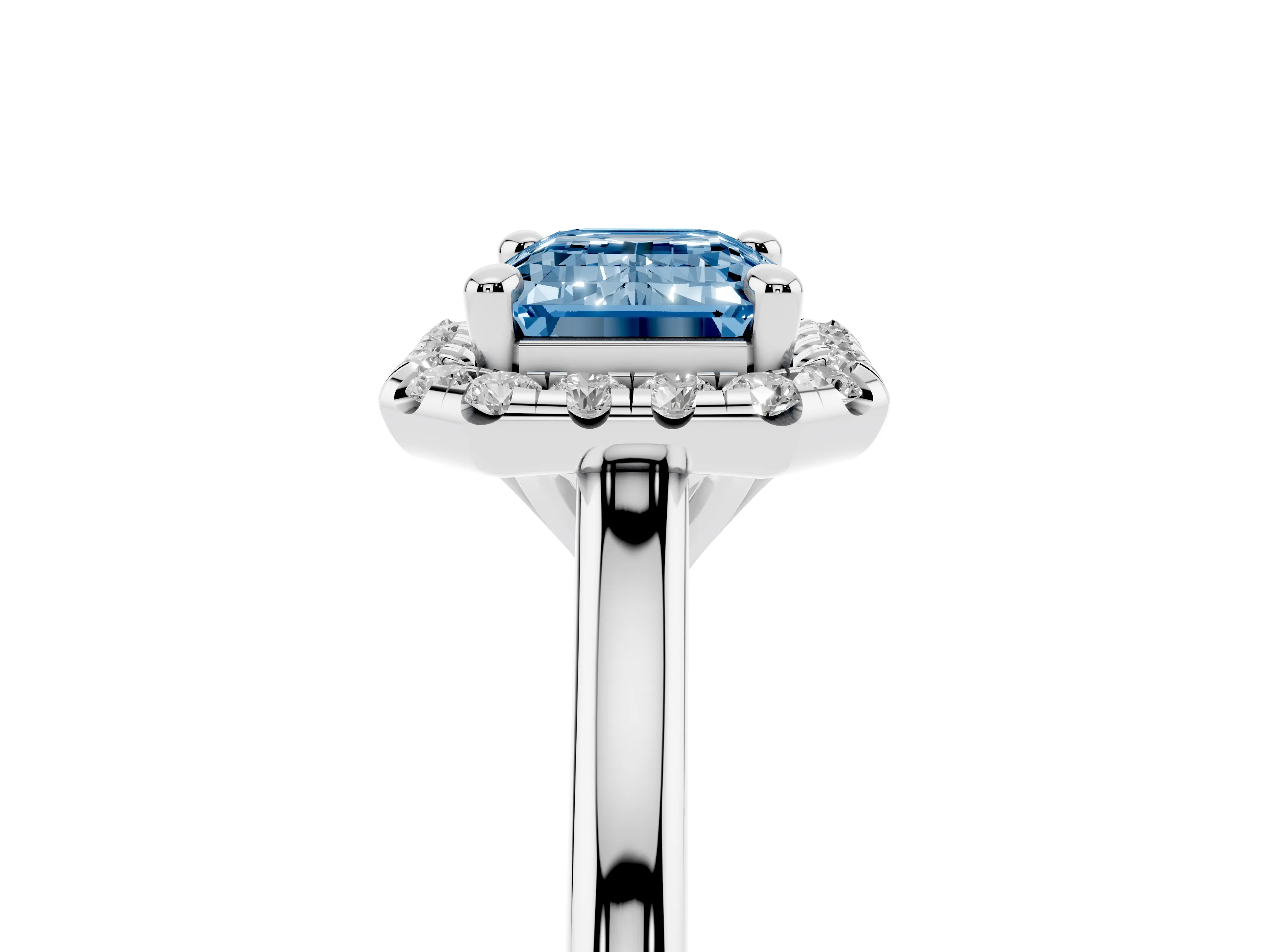 Fancy Blue Emerald Cut Diamond Halo Engagement Ring Set in Silver with Pavé Band and Rising Shoulders