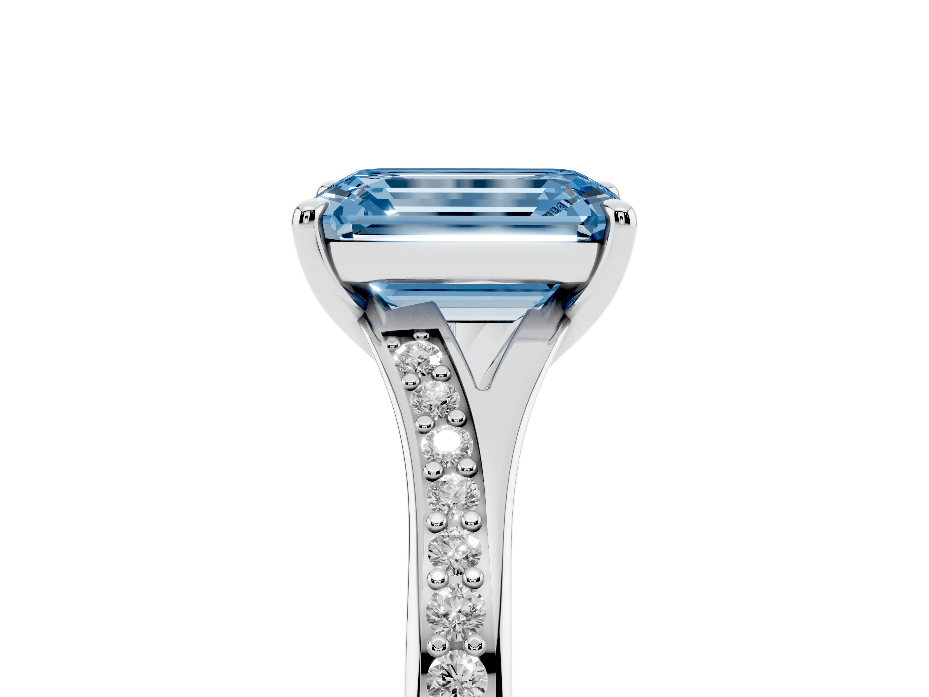 Fancy Blue Emerald Cut Diamond Solitaire Ring Set in Silver with Pavé Accent Band and Classic Prong Setting