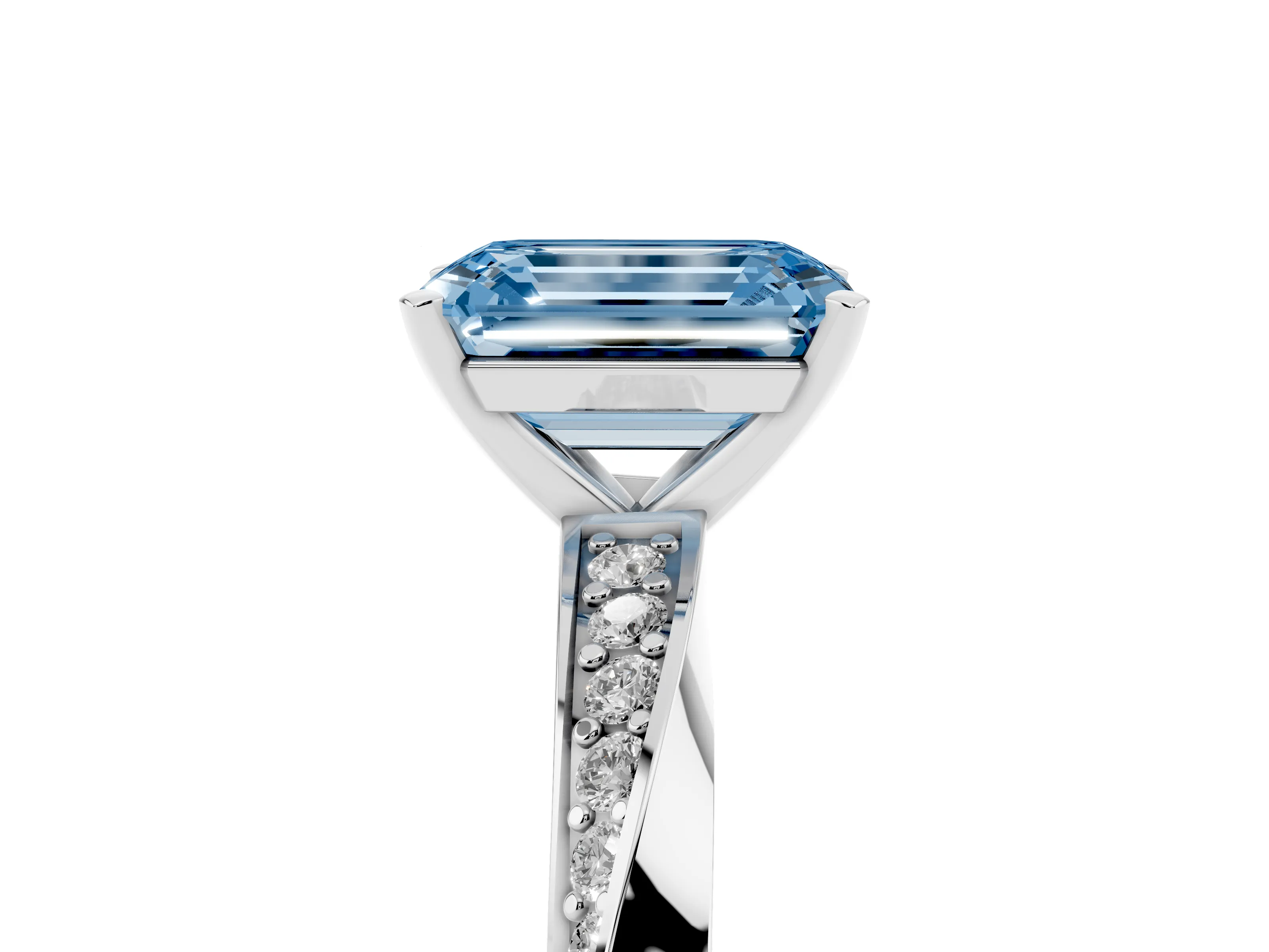 Fancy Blue Emerald Cut Diamond Engagement Ring Set in Silver with Side Stone Accents and Prong Setting