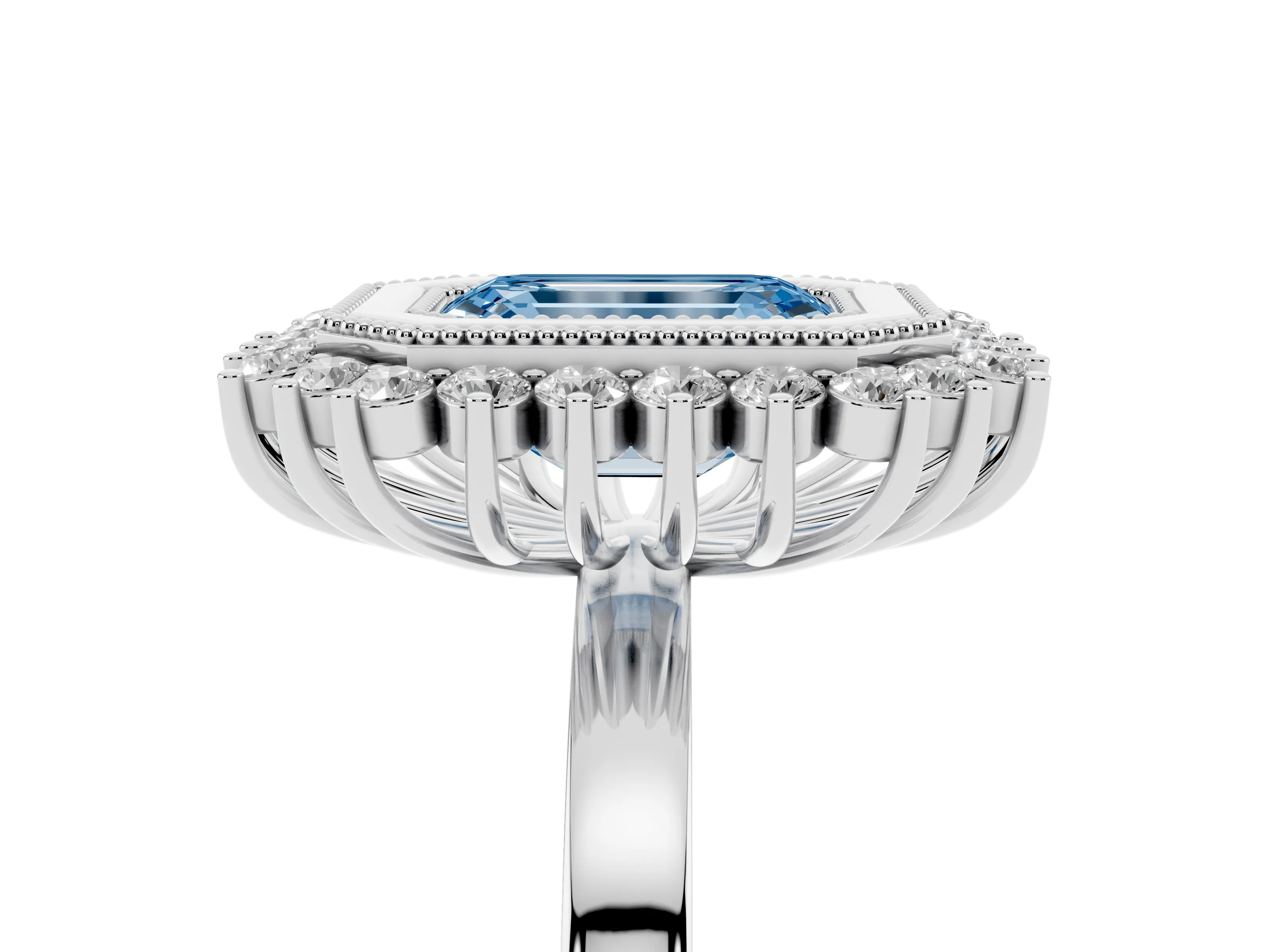 Fancy Blue Emerald Cut Diamond Halo Ring Set in Silver with Milgrain Edge and Round Prong Setting