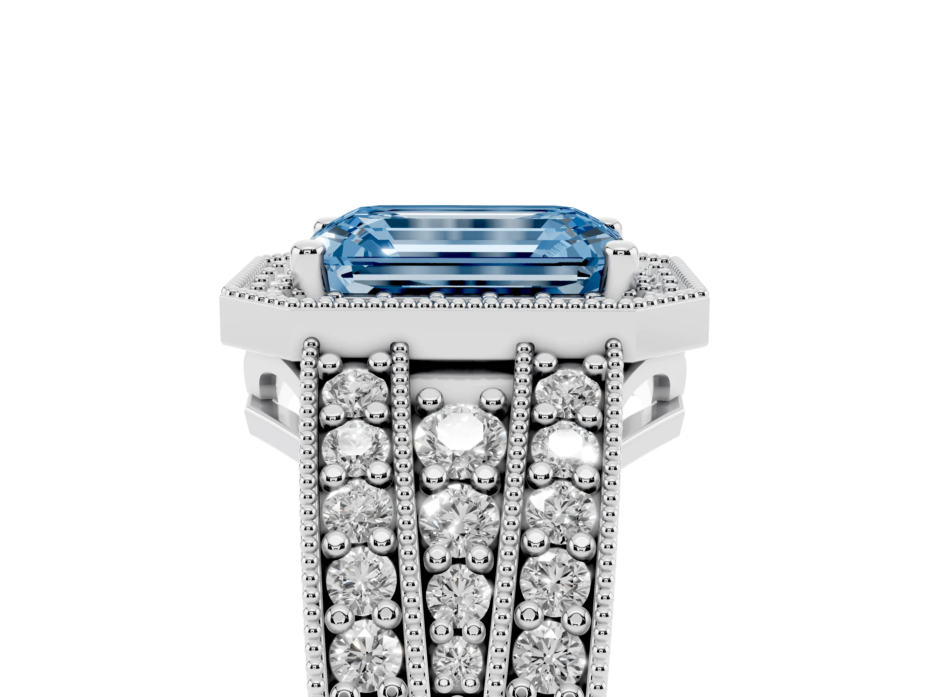 Fancy Blue Emerald Cut Diamond Halo Ring Set in Silver with Accent Split Shank and Prong Setting