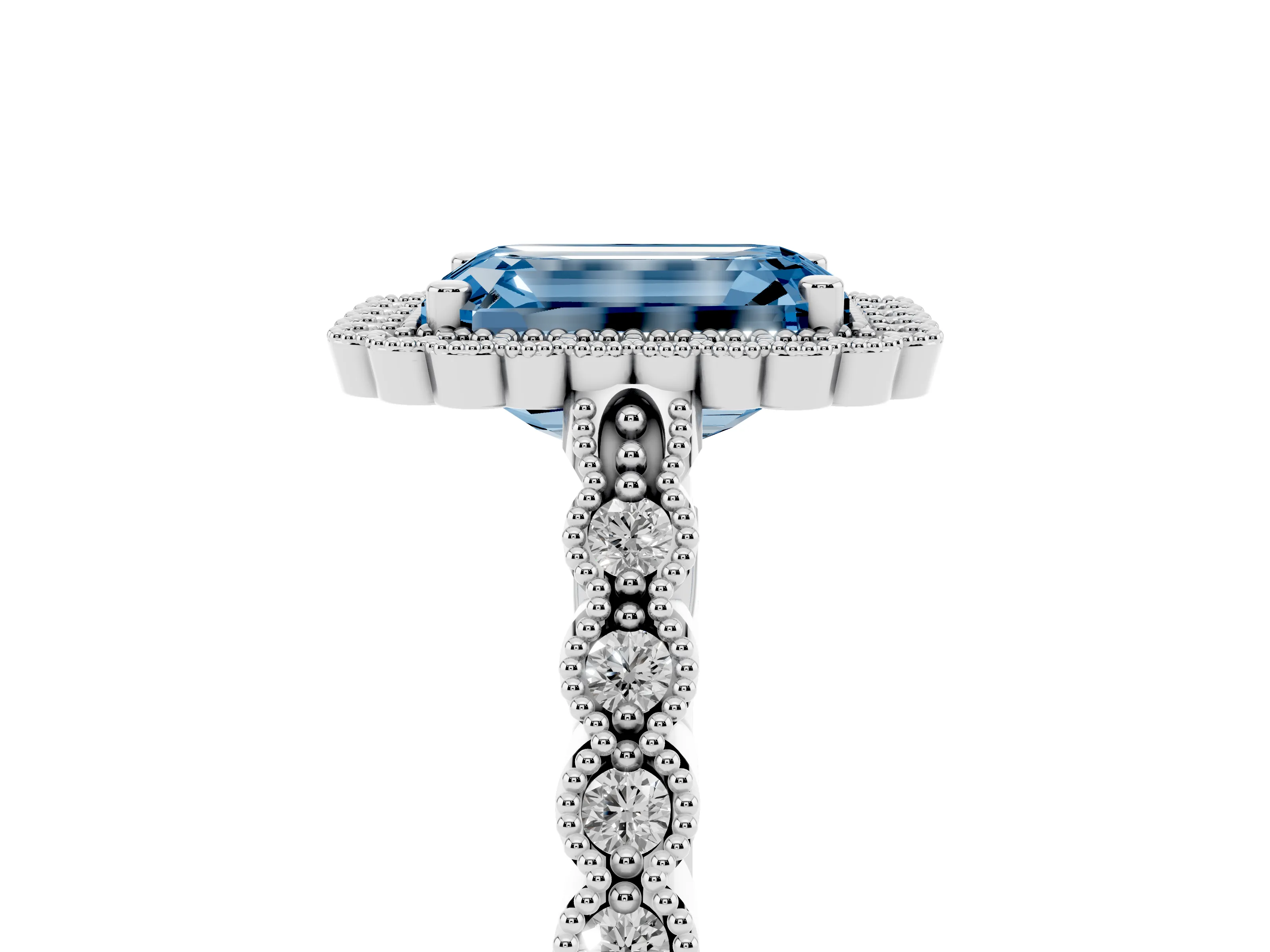 Fancy Blue Emerald Cut Diamond Halo Ring Set in White gold with Pavé Milgrain Band