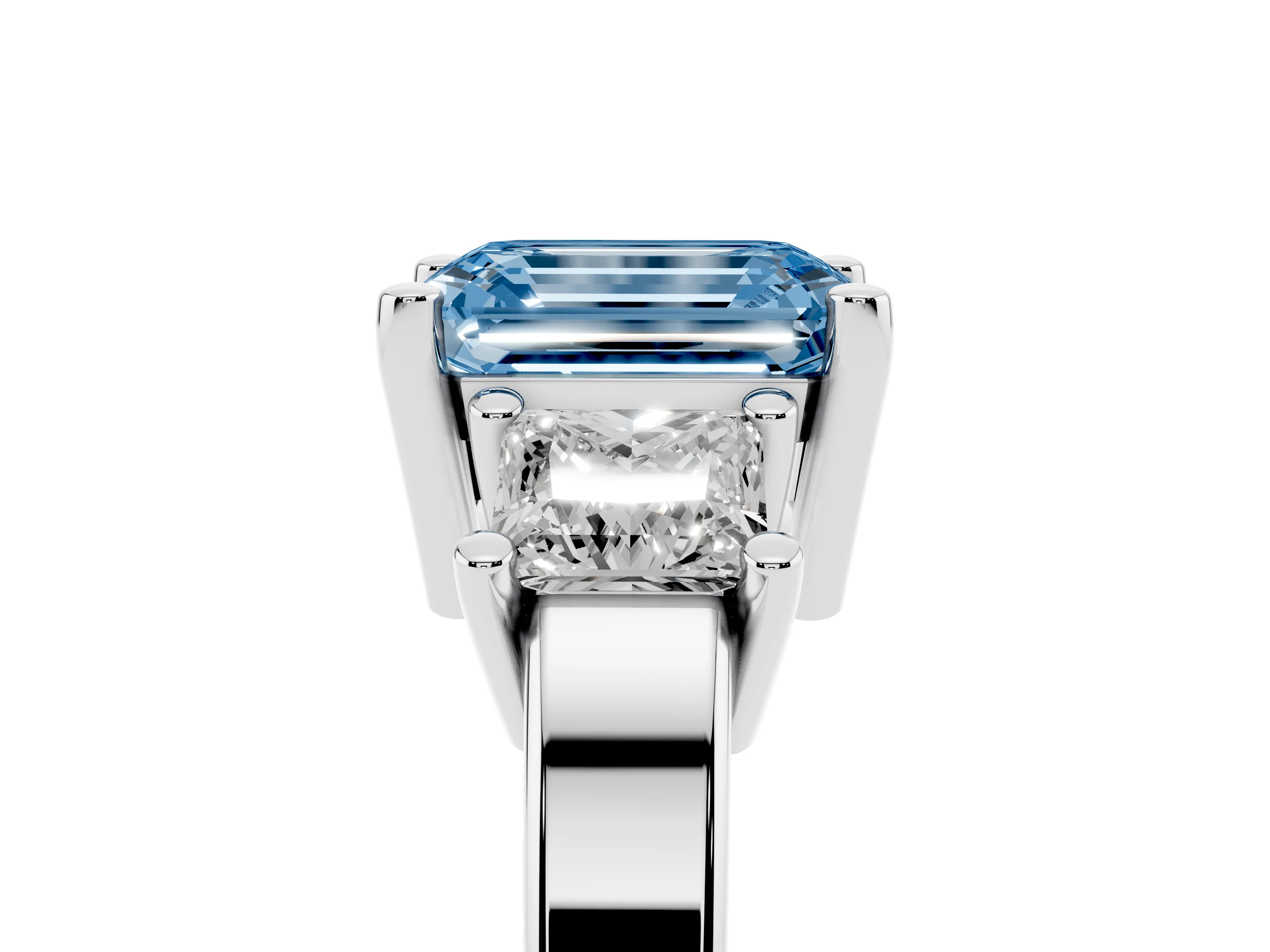 Fancy Blue Three-Stone Emerald Cut Diamond Solitaire Ring Set in Platinum with Prong Setting