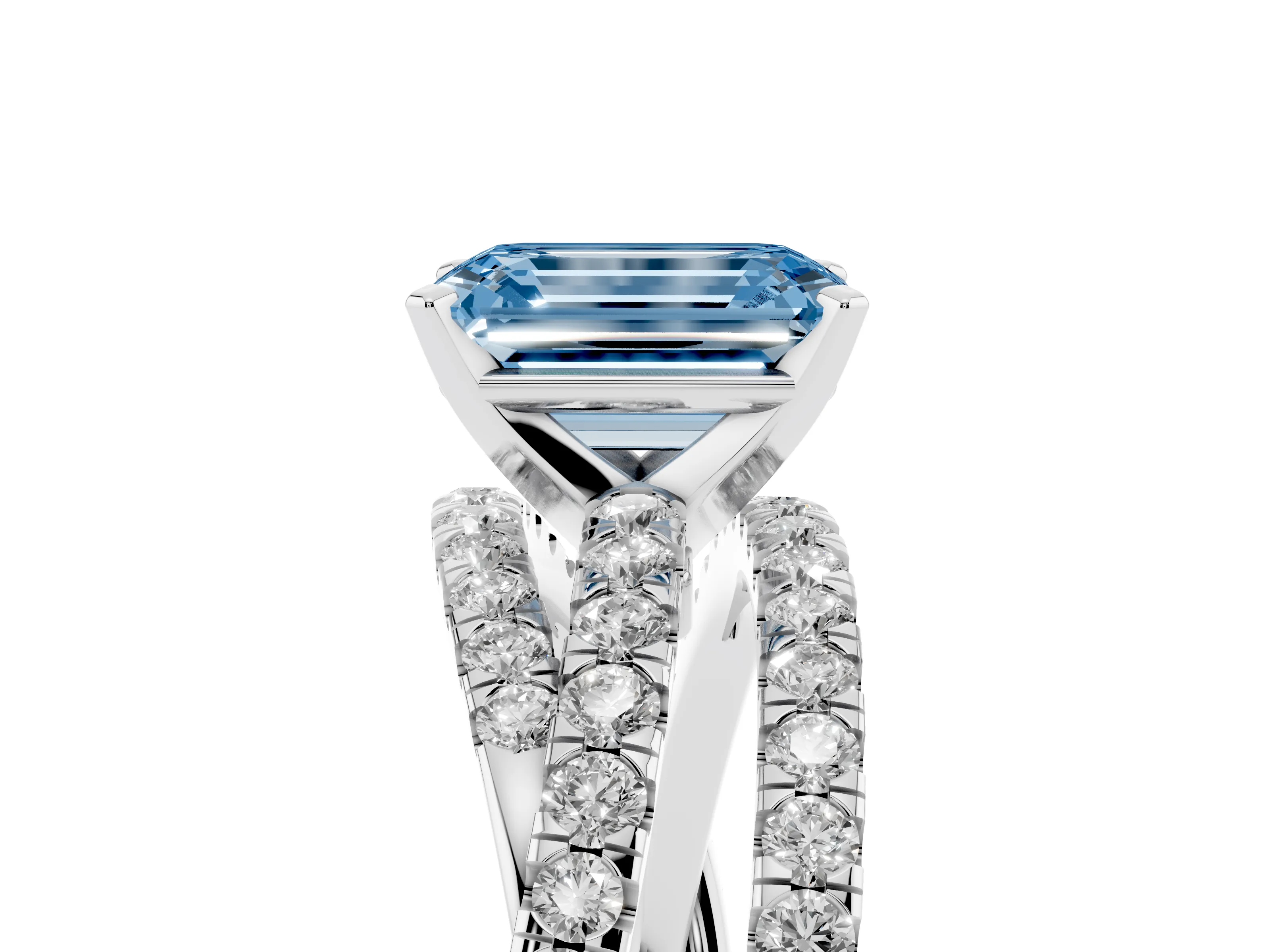 Fancy Blue Emerald Cut Diamond Solitaire Twist Band Ring Set in White gold with Pavé Setting and Prong Head