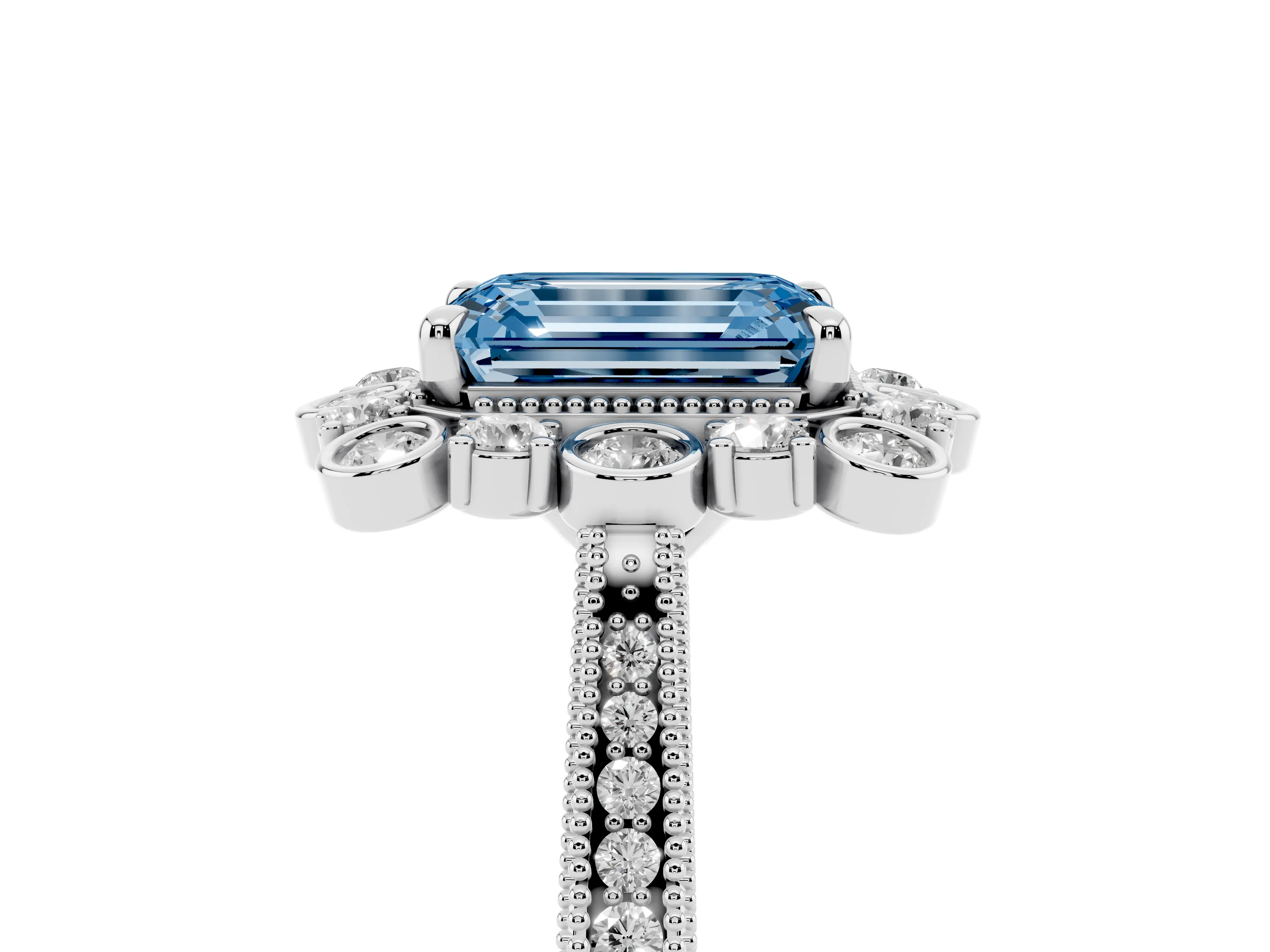 Fancy Blue Emerald Cut Diamond Halo Milgrain Pavé Ring Set in White gold with Prong Setting