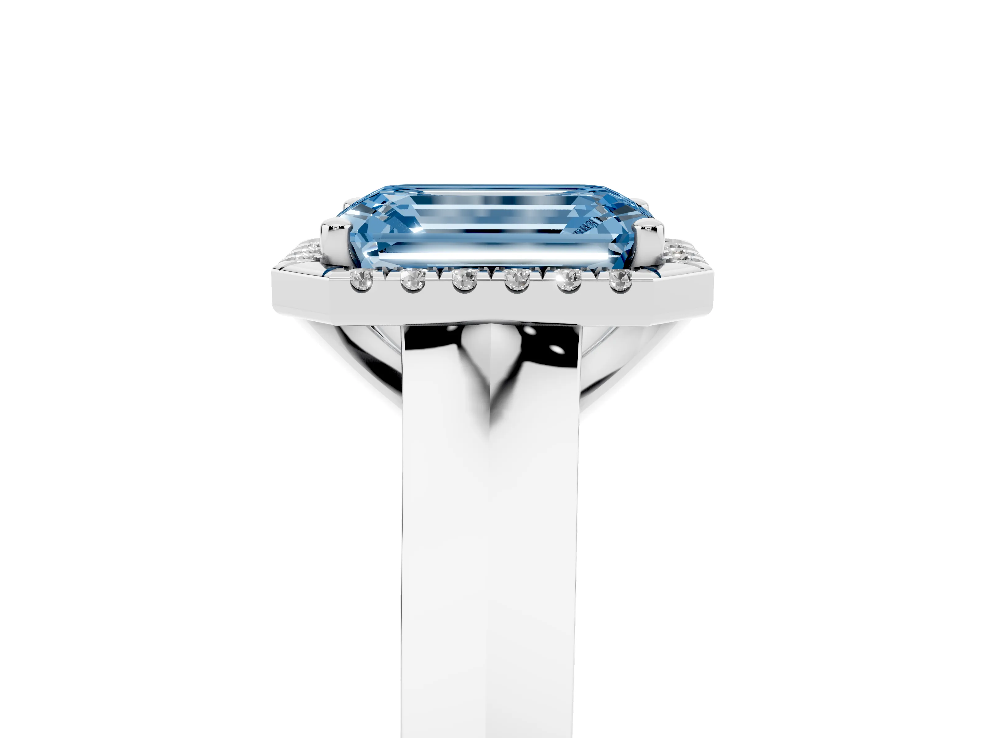 Fancy Blue Emerald Cut Diamond Halo Ring Set in White gold with Cathedral Band and Prong Setting