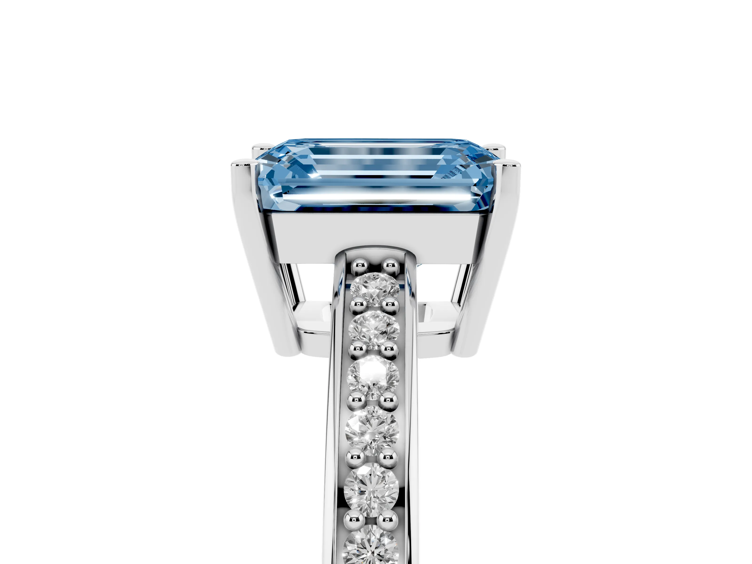 Fancy Blue Emerald Cut Diamond Pavé Band Prong Set Solitaire Ring Set in Platinum