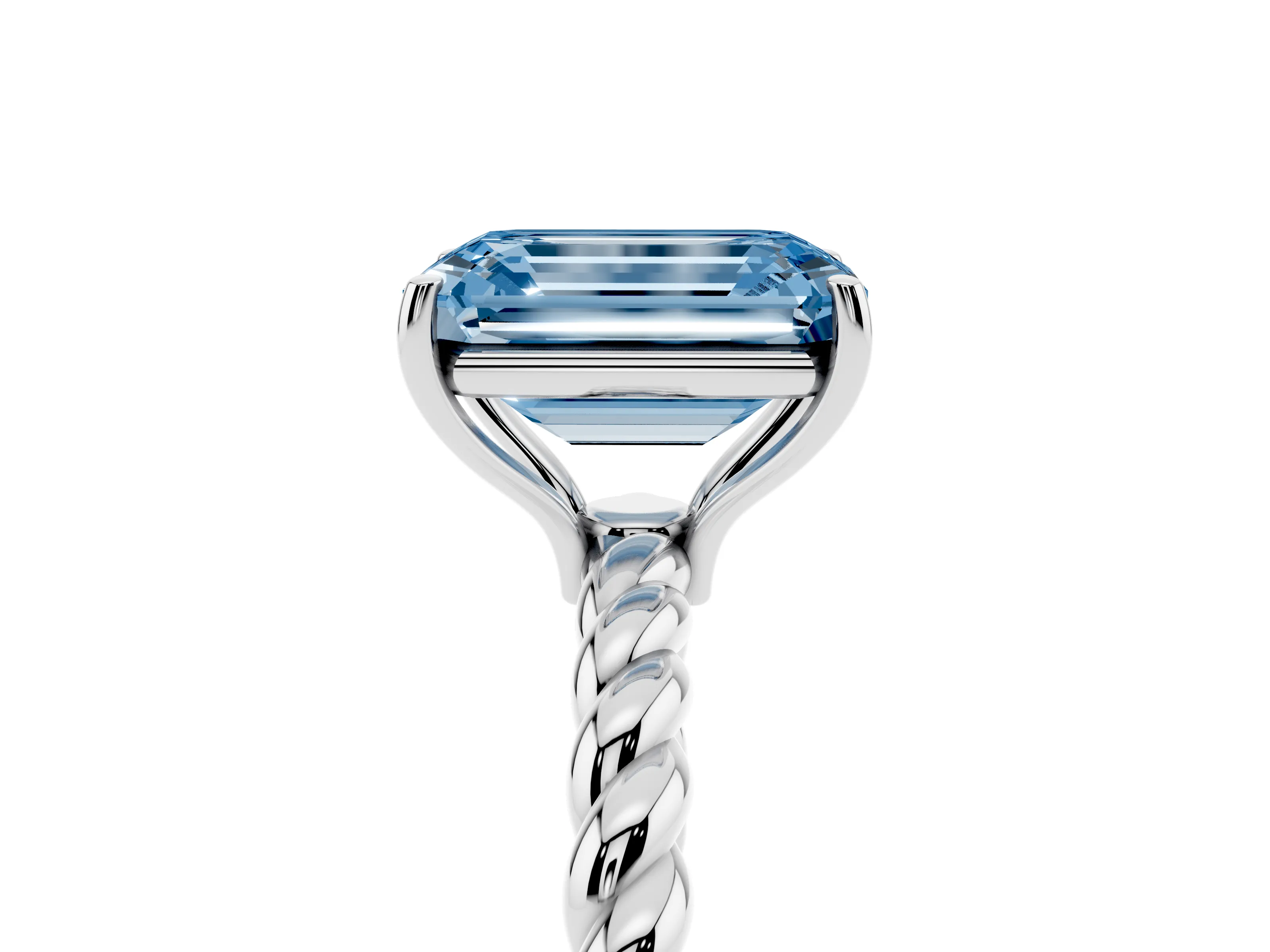 Fancy Blue Emerald Cut Diamond Solitaire Ring Set in Platinum with Twist Band and Prong Setting