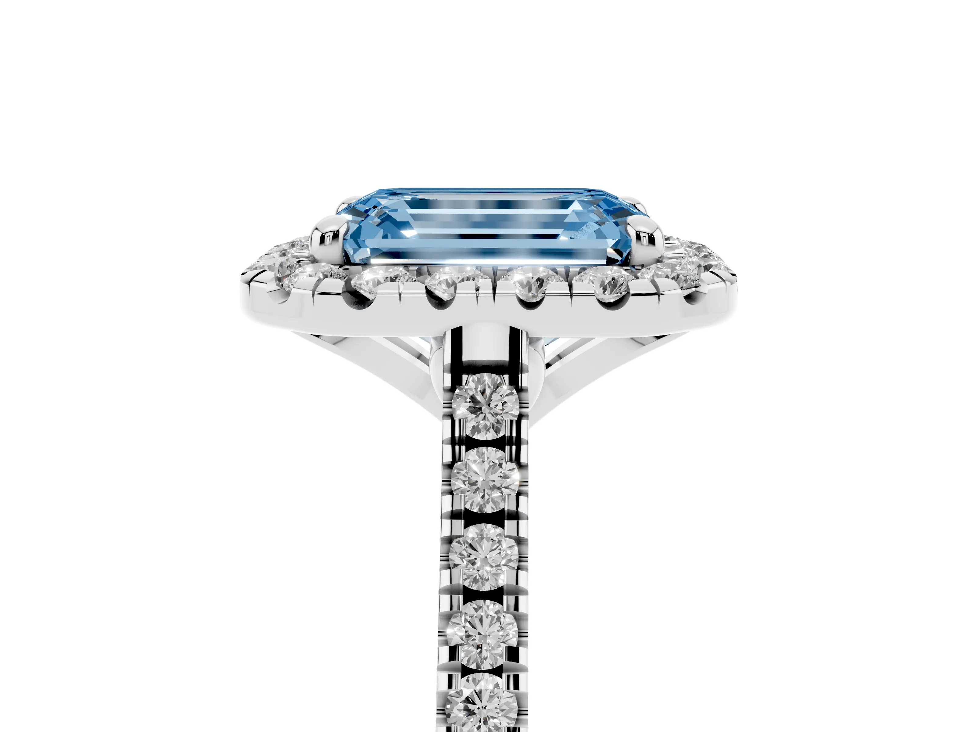 Fancy Blue Emerald Cut Diamond Cushion Halo Ring Set in Platinum with Pavé Band