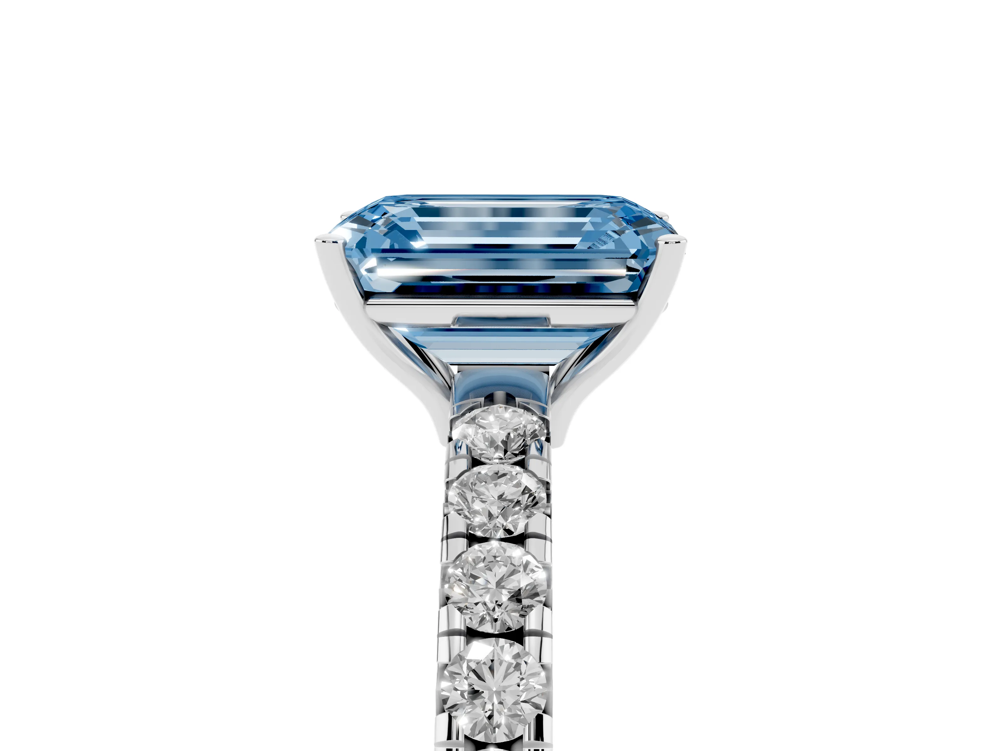 Fancy Blue Emerald Cut Diamond Pavé Solitaire Engagement Ring Set in Platinum with Prong Setting