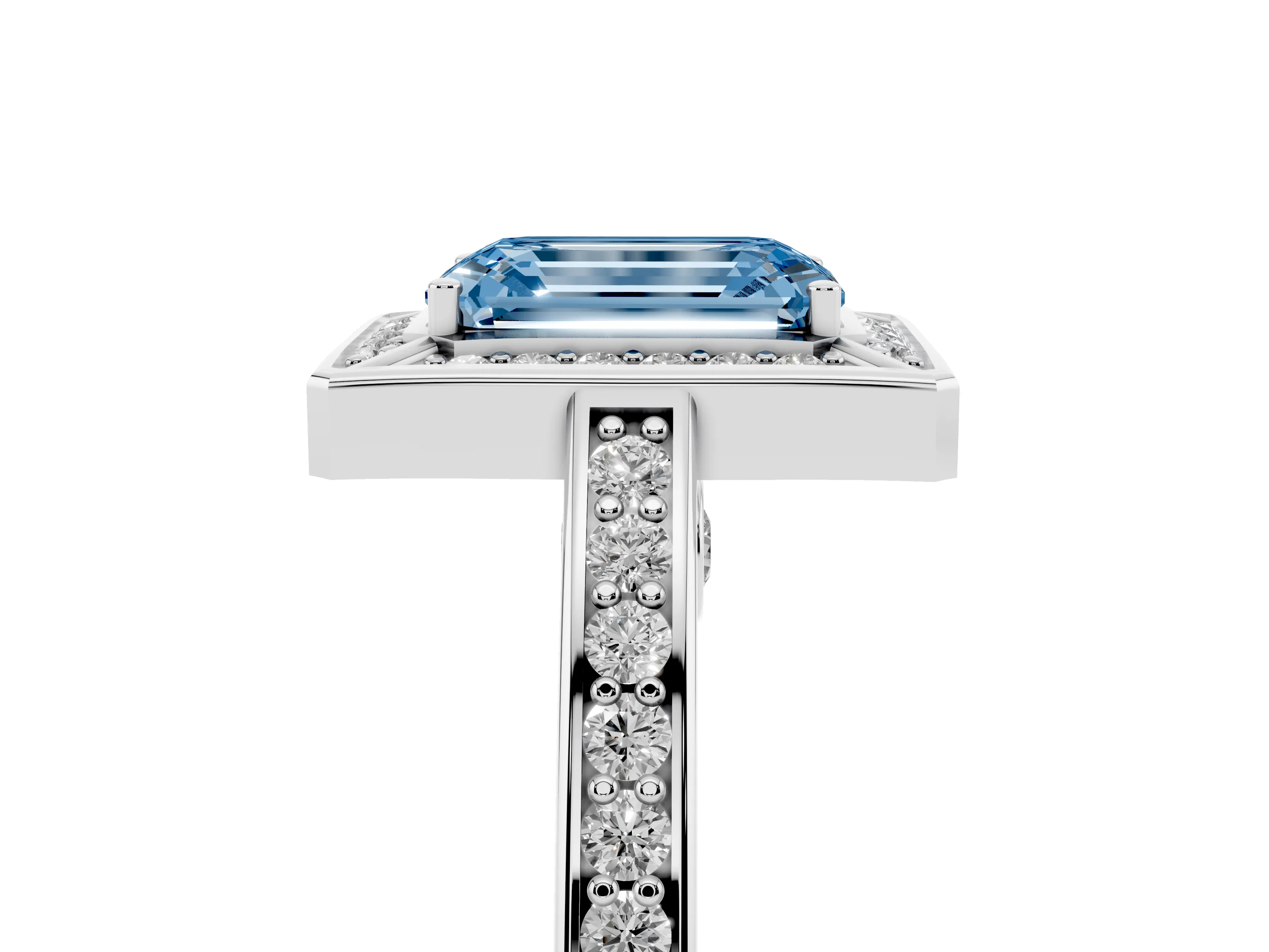 Fancy Blue Emerald Cut Diamond Halo Pavé Split Shank Ring Set in Silver with Prong Setting